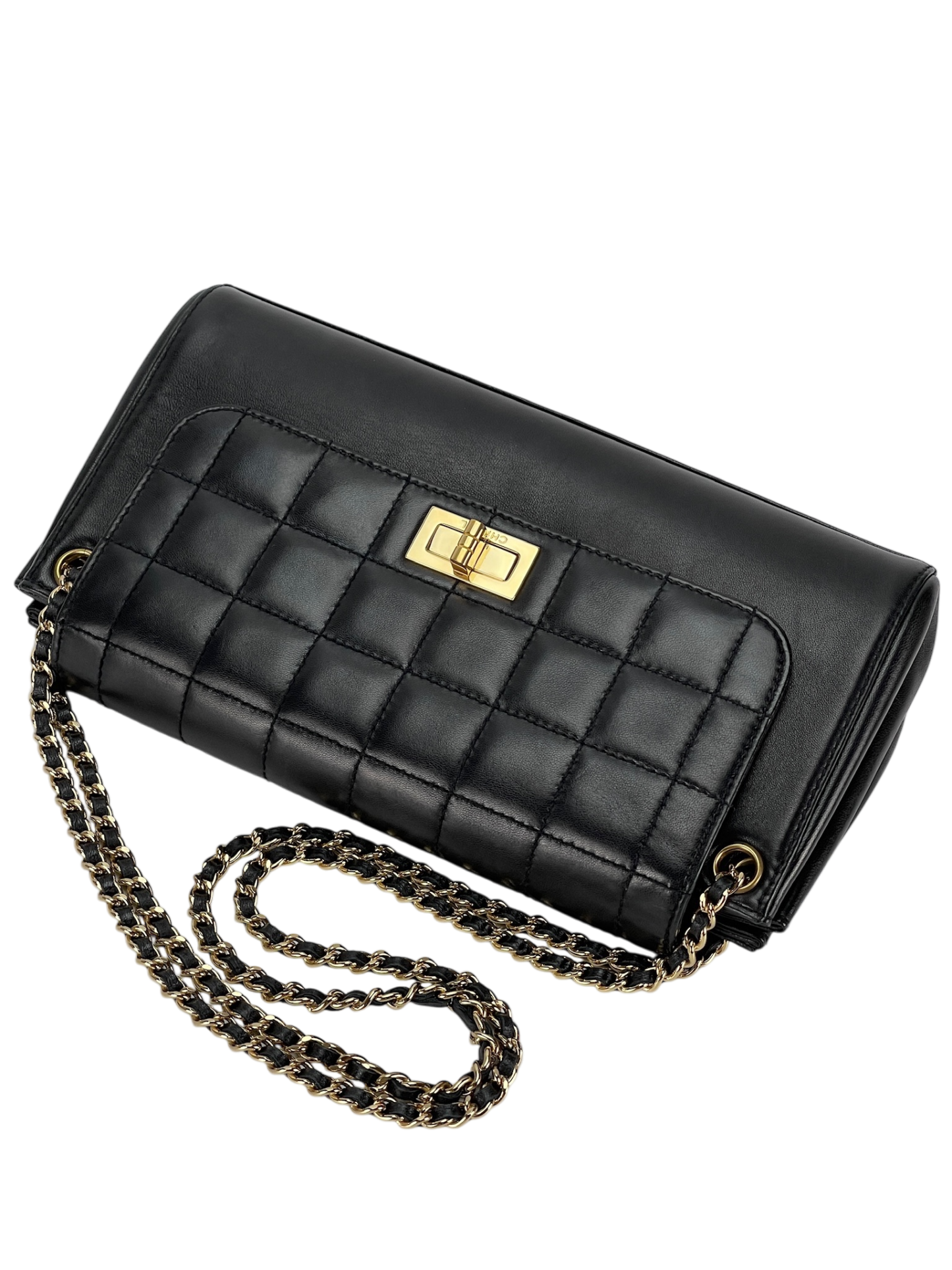 CHANEL - 2.55 Chocolate Bar Chain Shoulder Bag Black Lambskin Gold Hardware