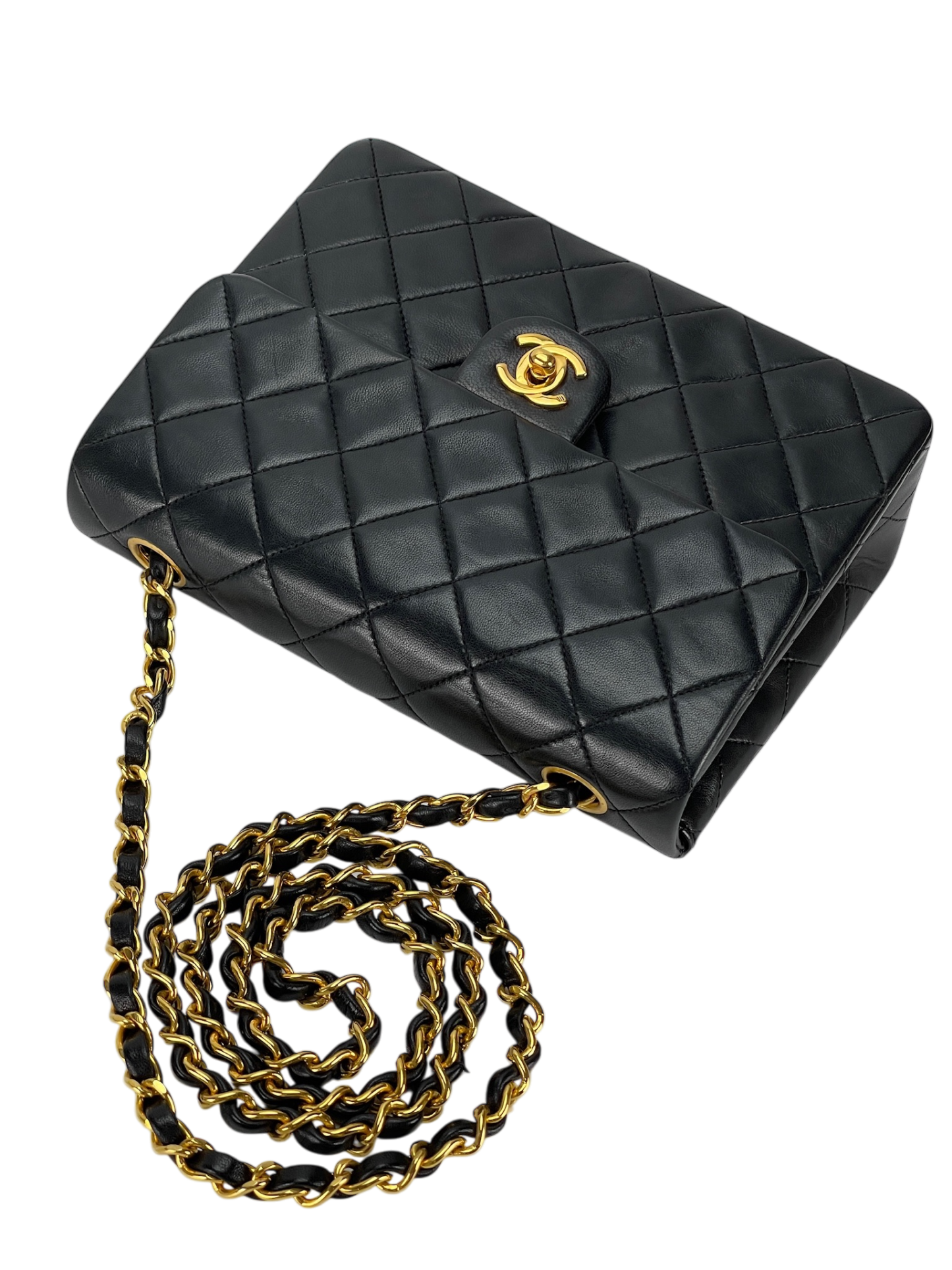 CHANEL - Mini Square Shoulder Bag Black Lambskin Gold Hardware
