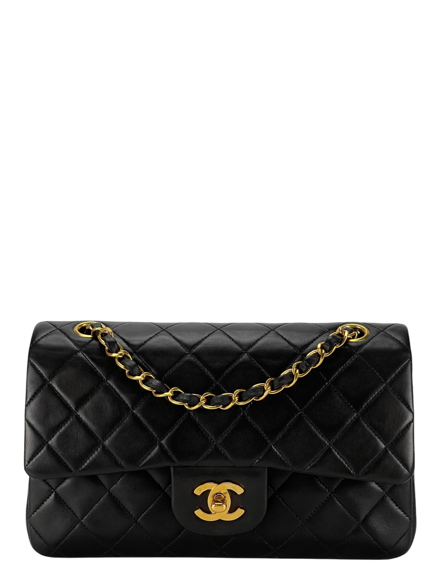 CHANEL - Small Classic Double Flap Bag Black Lambskin Gold Hardware (CF23)
