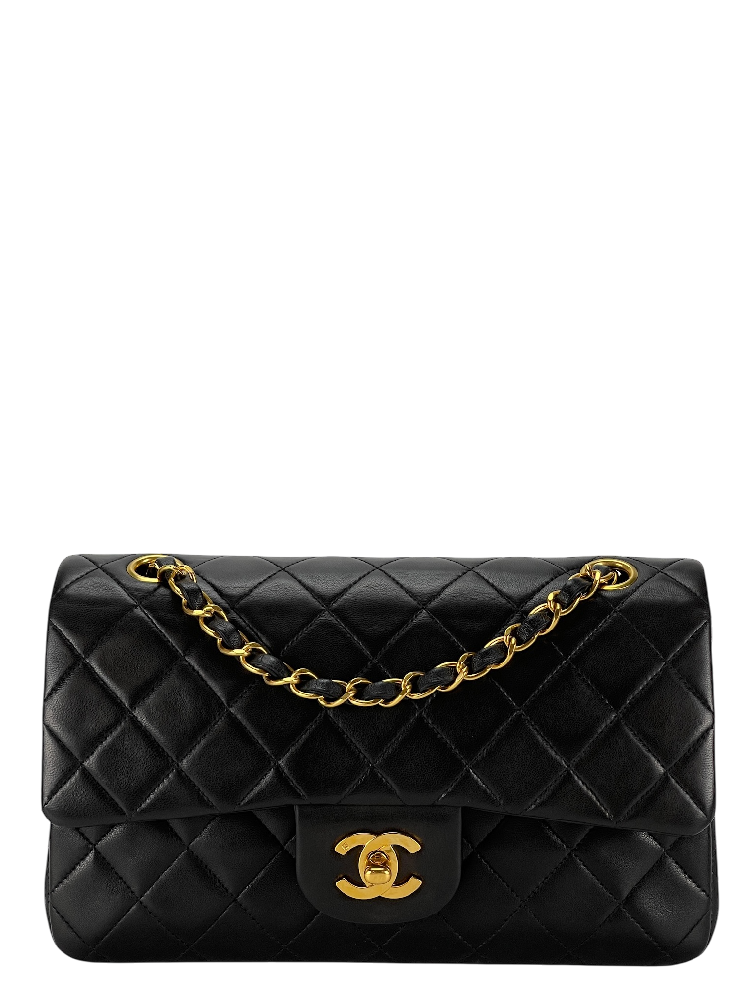 CHANEL - Small Classic Double Flap Bag Black Lambskin Gold Hardware (CF23)