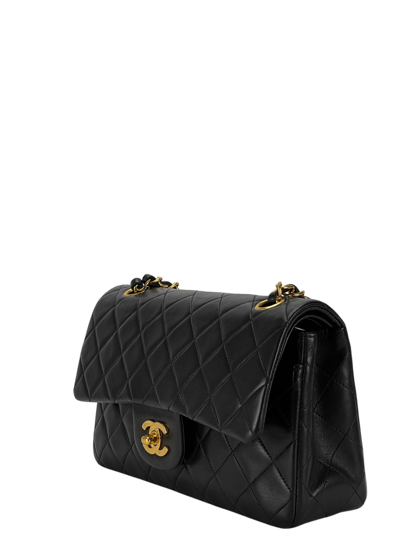 CHANEL - Small Classic Double Flap Bag Black Lambskin Gold Hardware (CF23)