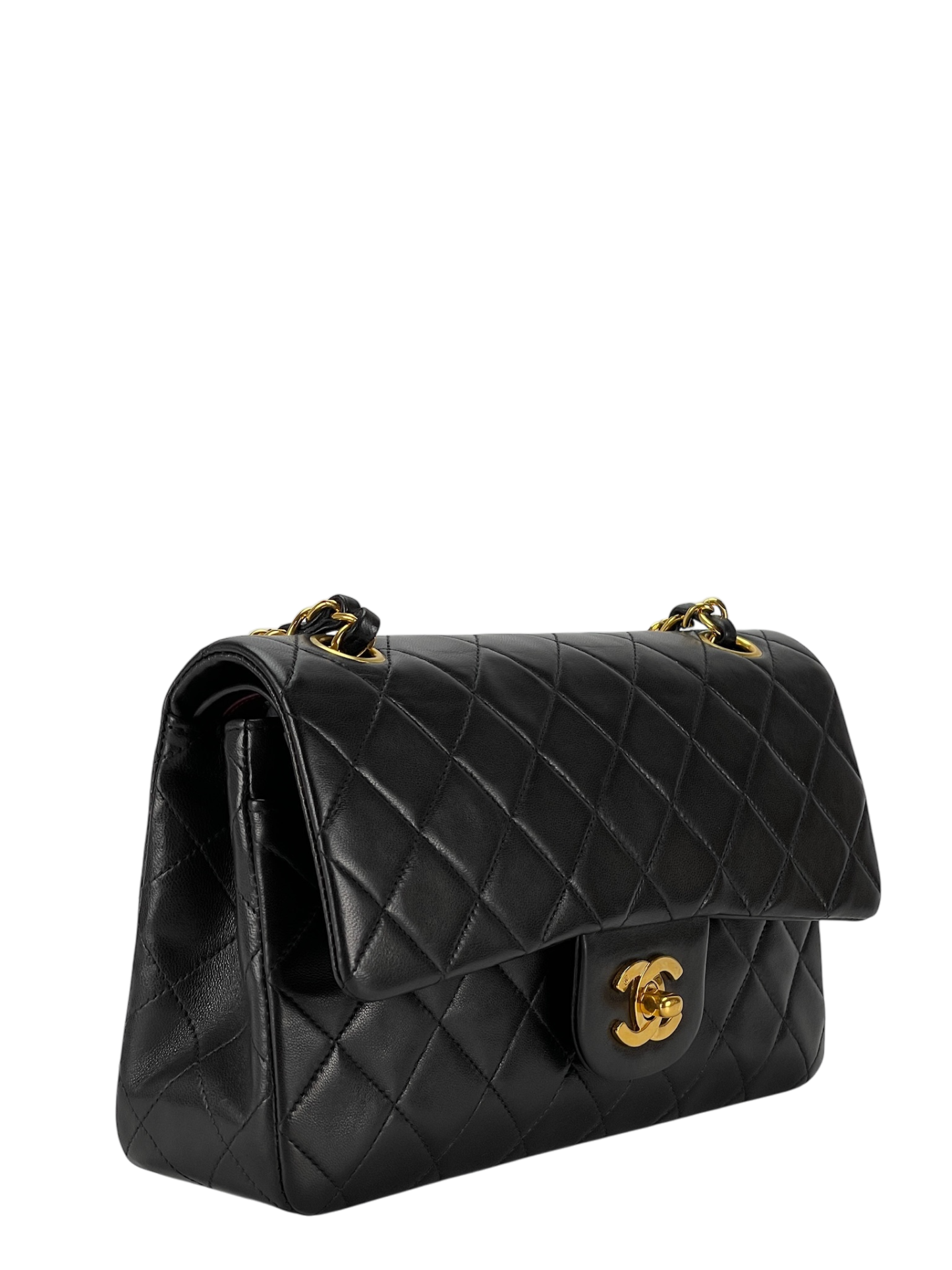 CHANEL - Small Classic Double Flap Bag Black Lambskin Gold Hardware (CF23)