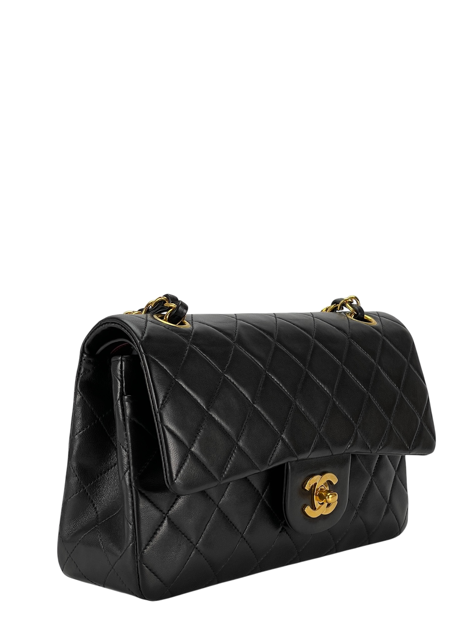 CHANEL - Small Classic Double Flap Bag Black Lambskin Gold Hardware (CF23)