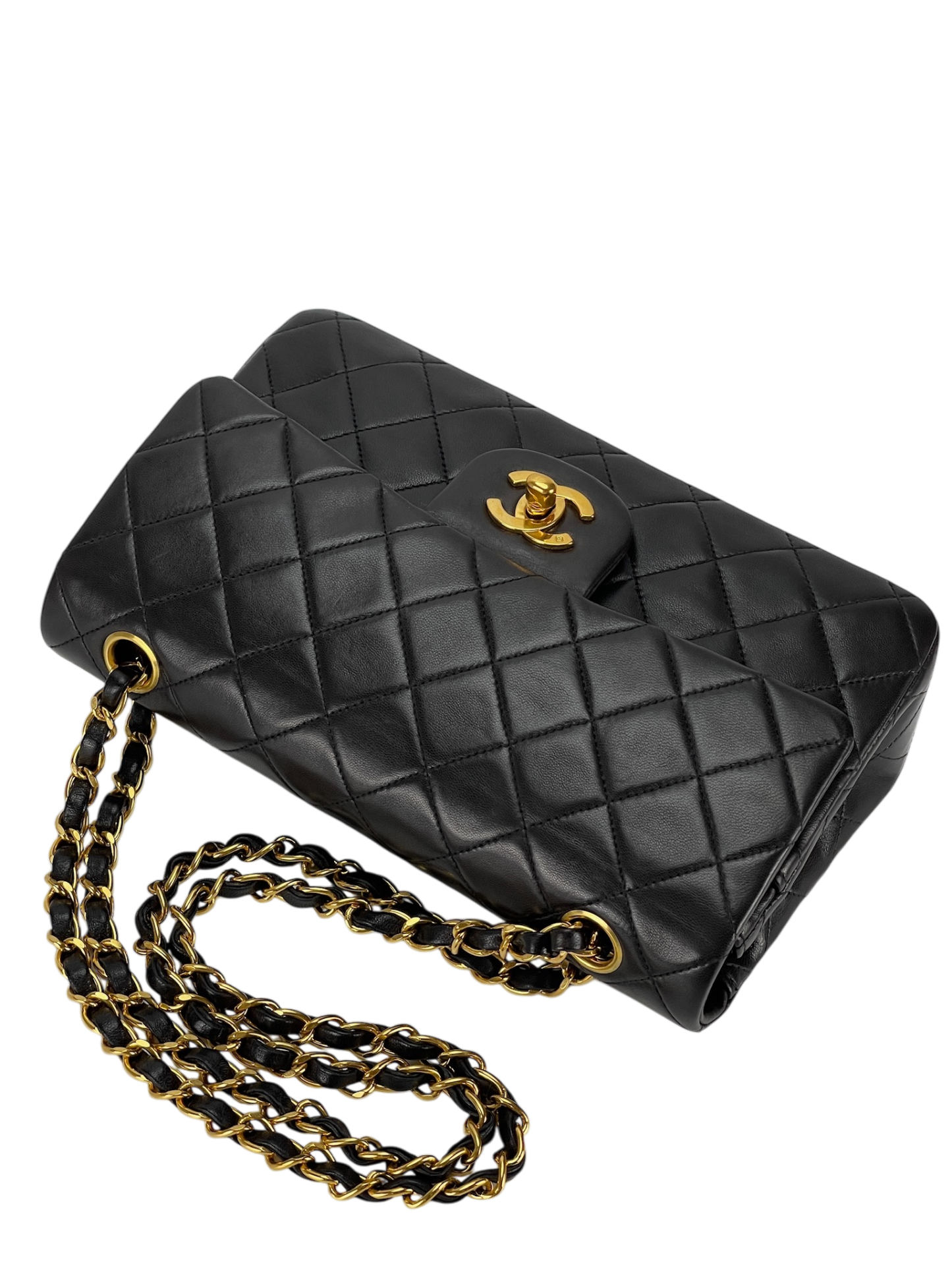 CHANEL - Small Classic Double Flap Bag Black Lambskin Gold Hardware (CF23)