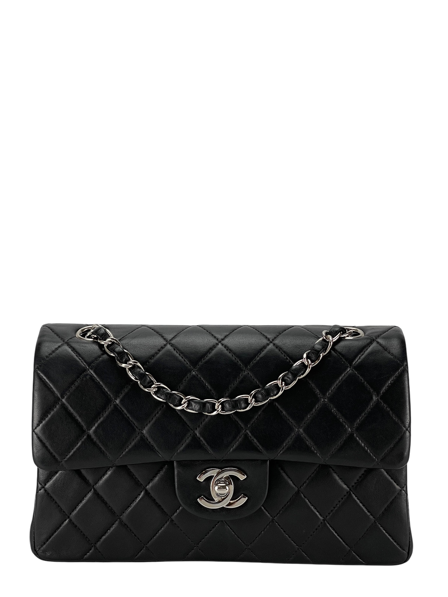 CHANEL - Small Classic Double Flap Bag Black Lambskin Sliver Hardware (CF23)