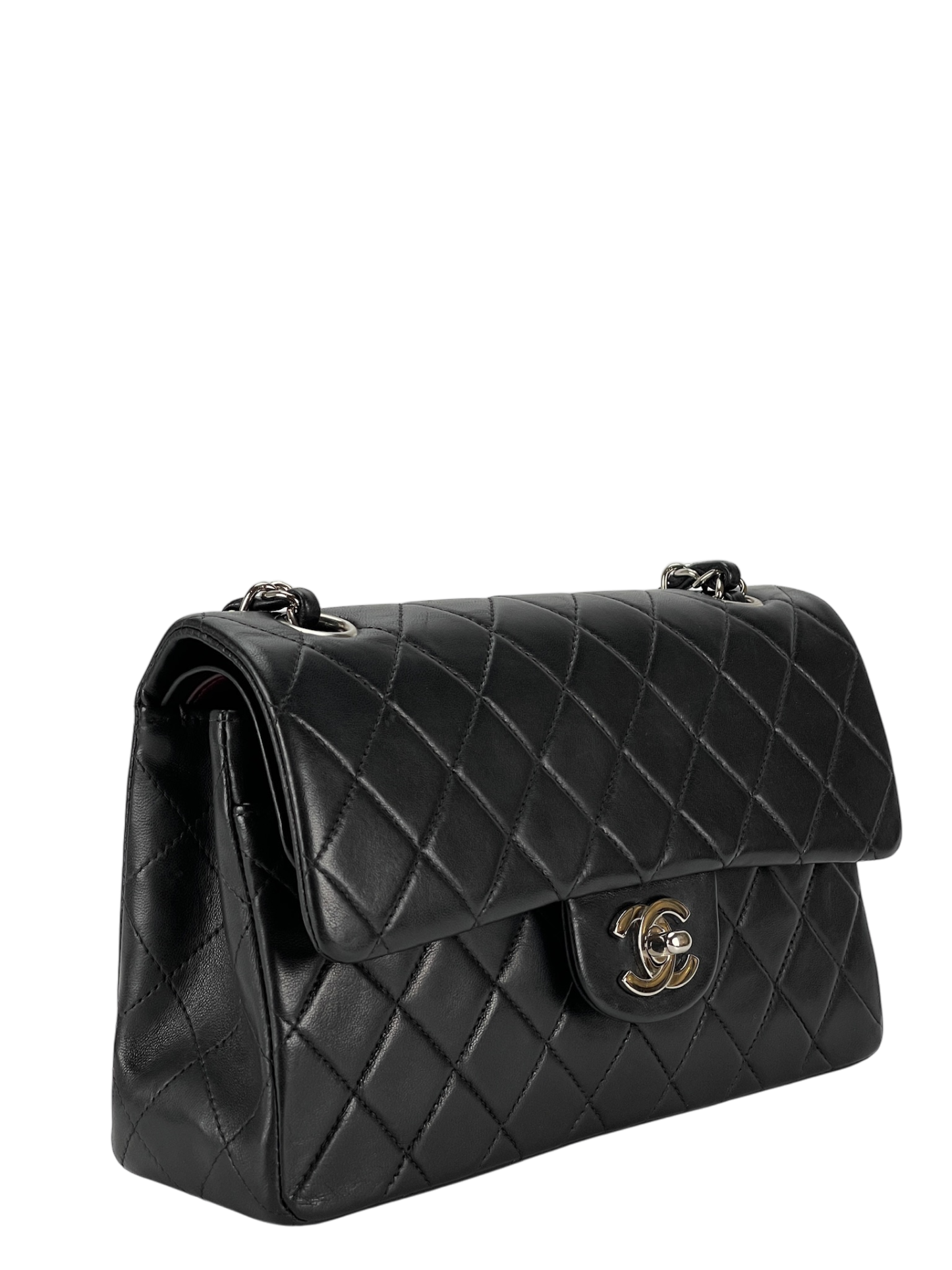 CHANEL - Small Classic Double Flap Bag Black Lambskin Sliver Hardware (CF23)