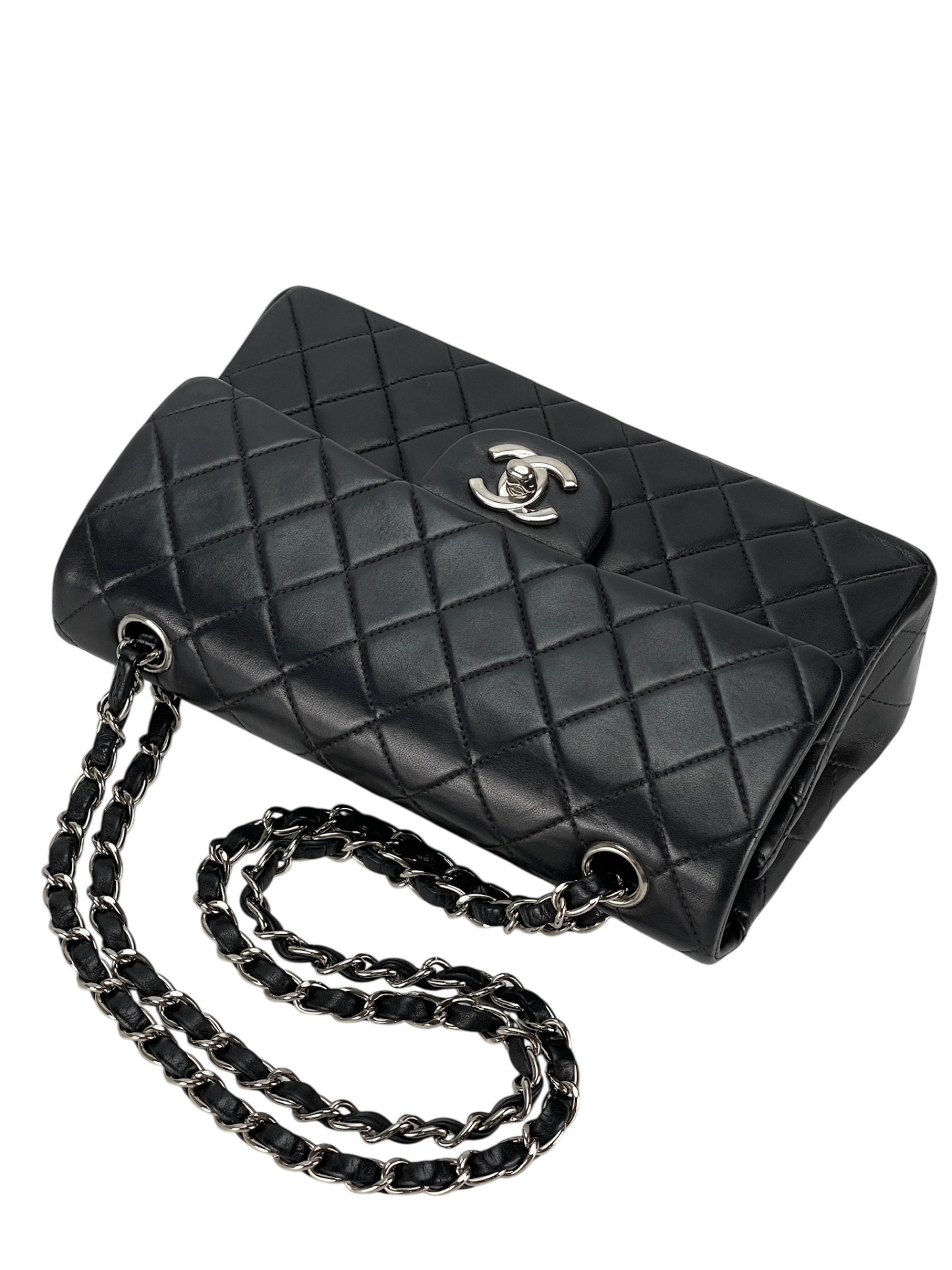 CHANEL - Small Classic Double Flap Bag Black Lambskin Sliver Hardware (CF23)
