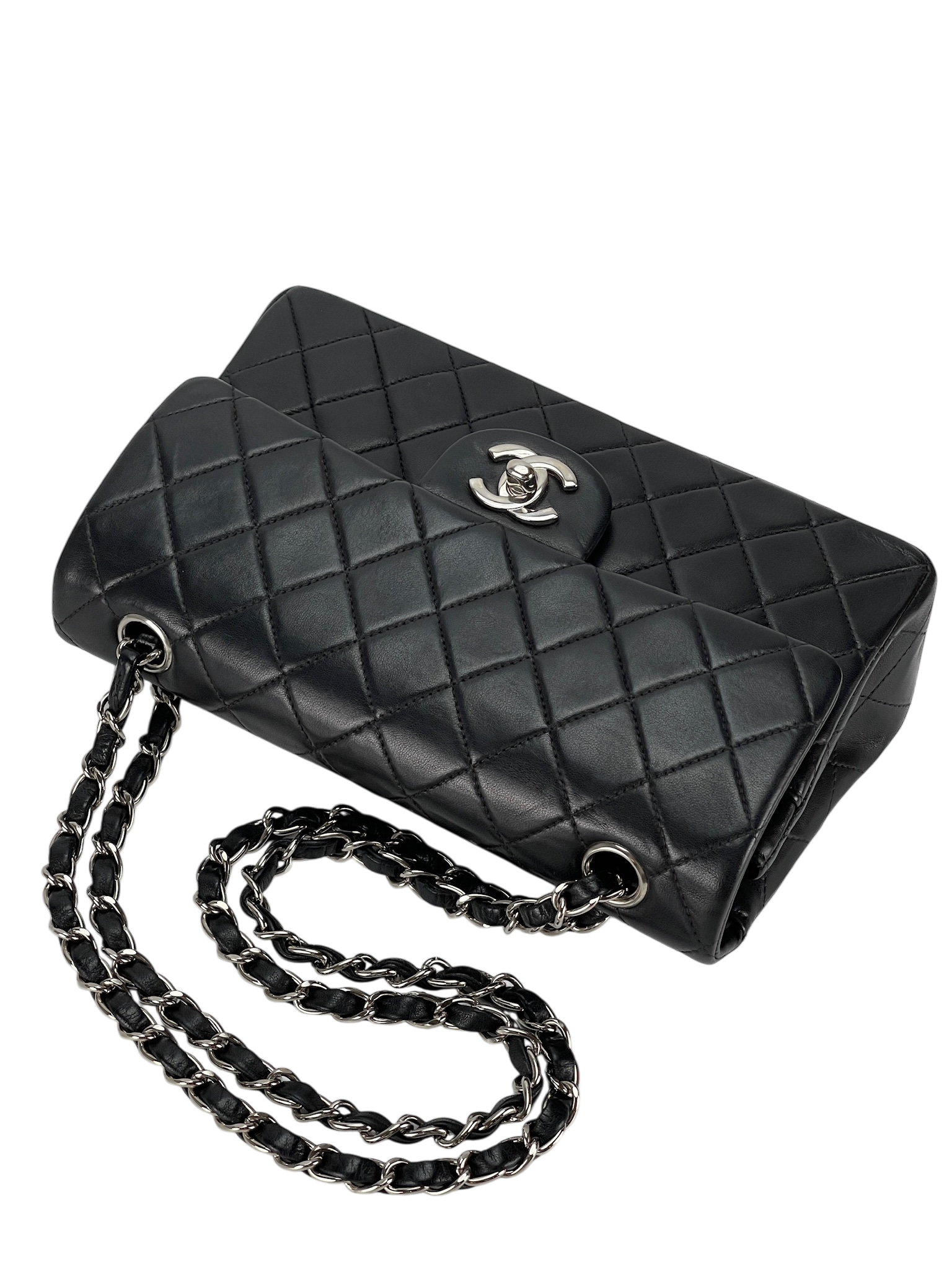 CHANEL - Small Classic Double Flap Bag Black Lambskin Sliver Hardware (CF23)