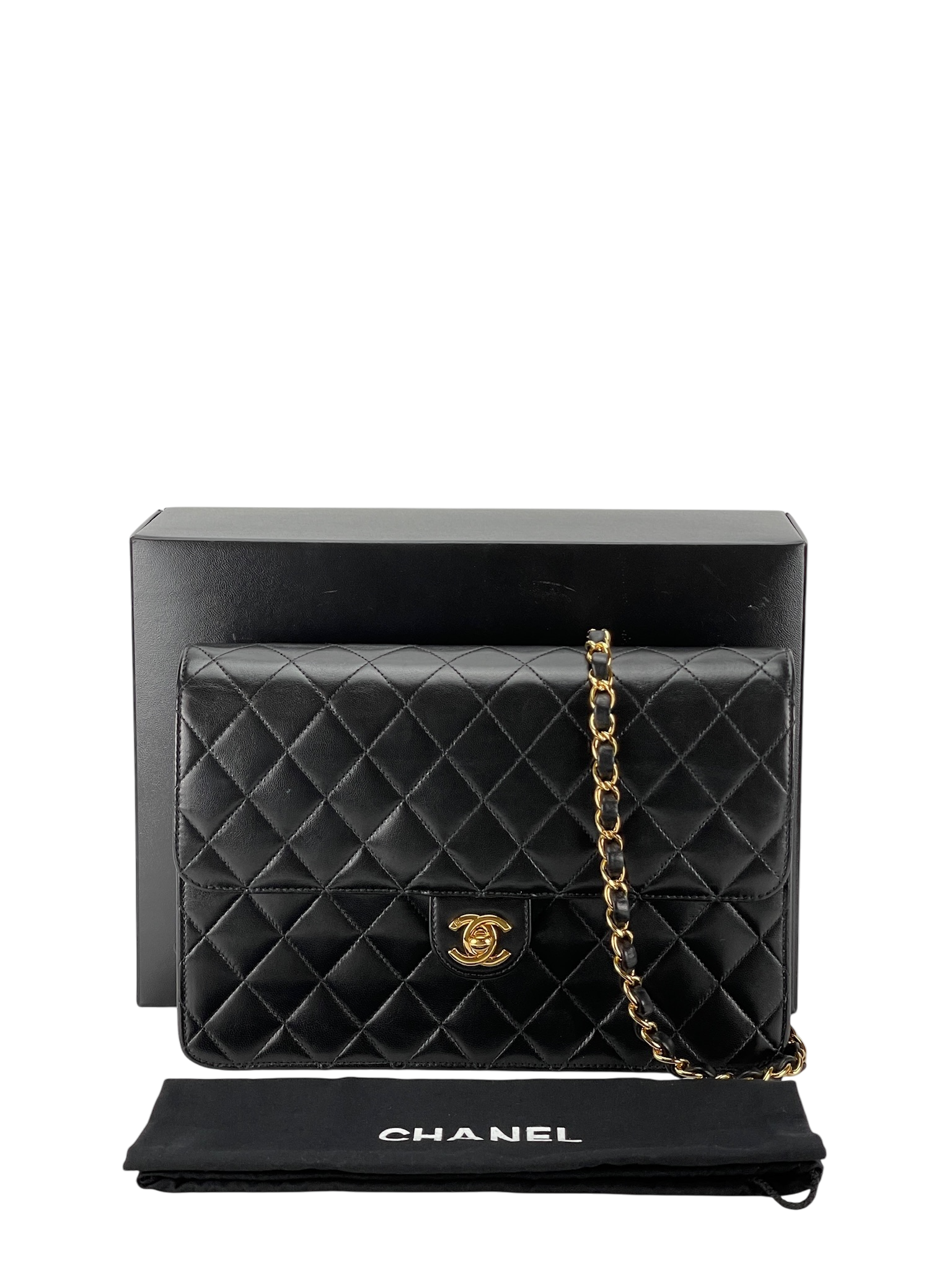 CHANEL - Matelasse Push Lock Chain Shoulder Bag Black Lambskin Gold Hardware