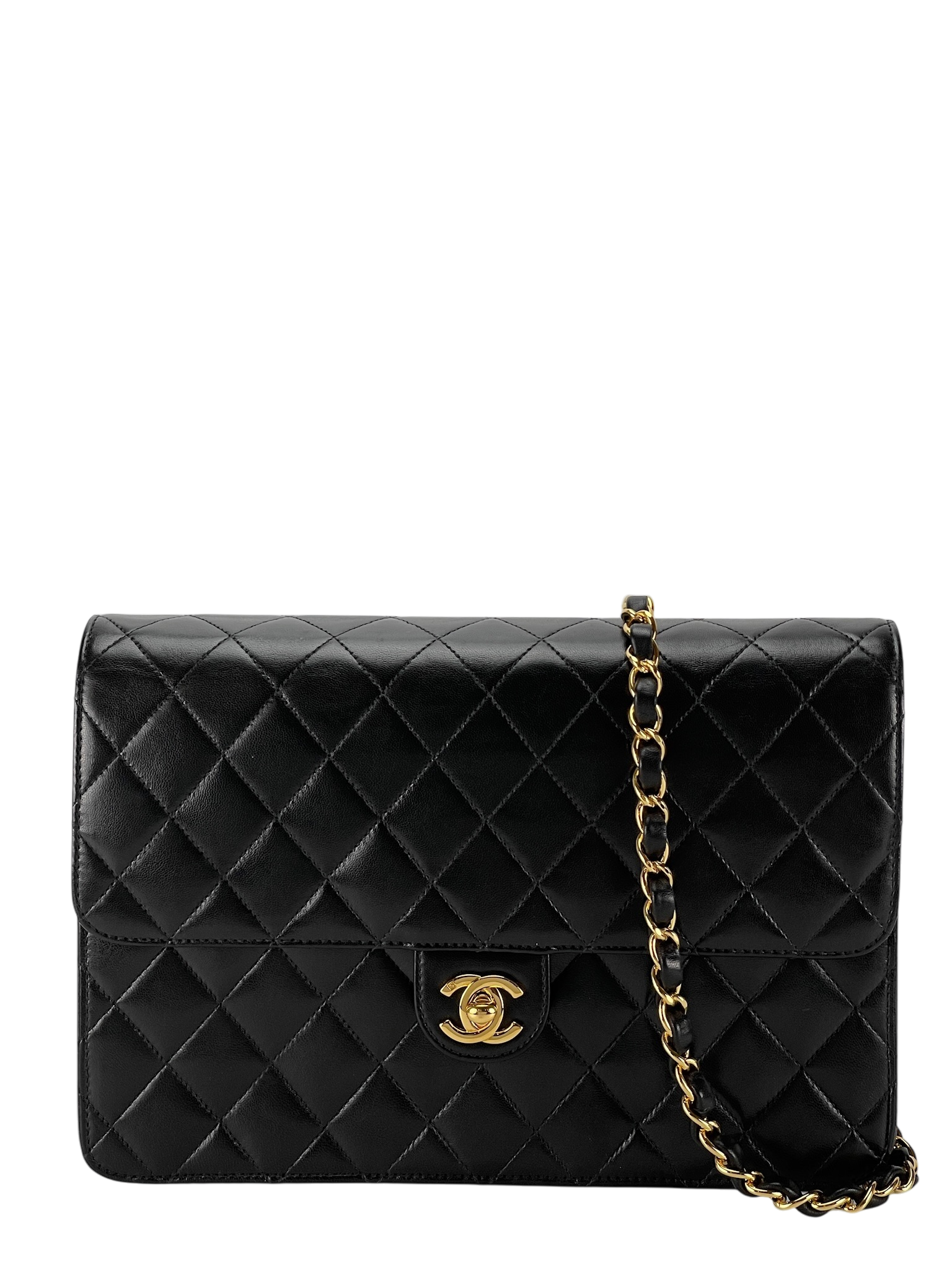CHANEL - Matelasse Push Lock Chain Shoulder Bag Black Lambskin Gold Hardware