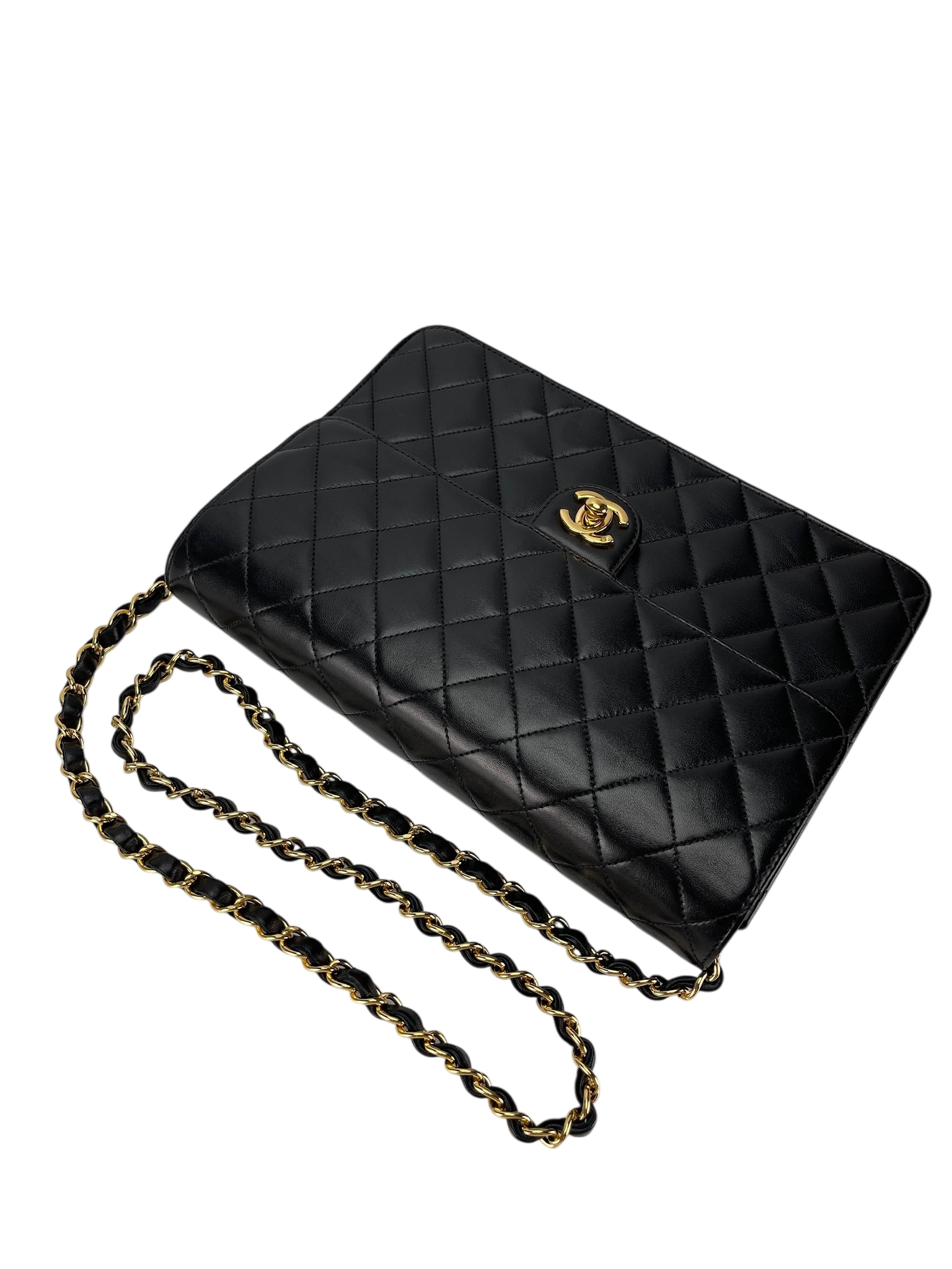 CHANEL - Matelasse Push Lock Chain Shoulder Bag Black Lambskin Gold Hardware