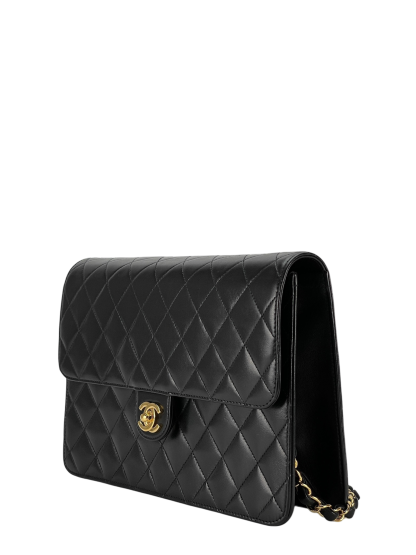 CHANEL - Matelasse Push Lock Chain Shoulder Bag Black Lambskin Gold Hardware
