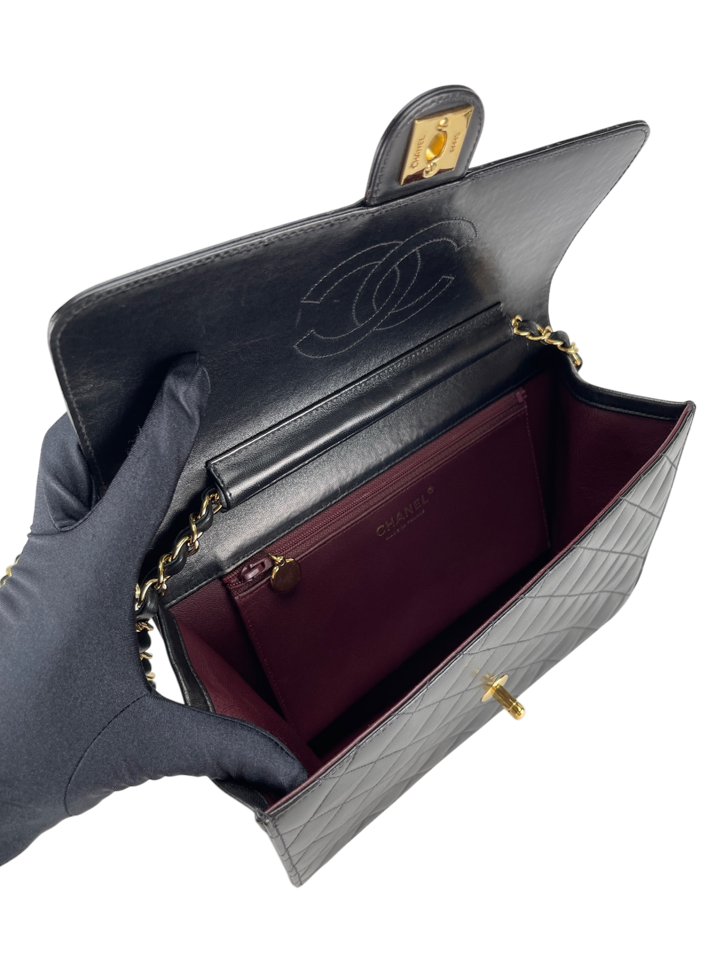 CHANEL - Matelasse Push Lock Chain Shoulder Bag Black Lambskin Gold Hardware