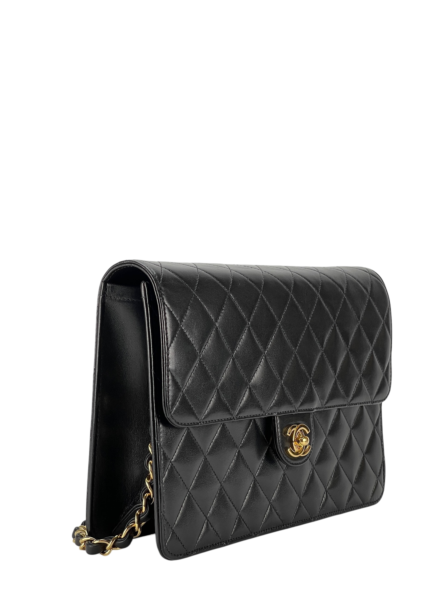 CHANEL - Matelasse Push Lock Chain Shoulder Bag Black Lambskin Gold Hardware