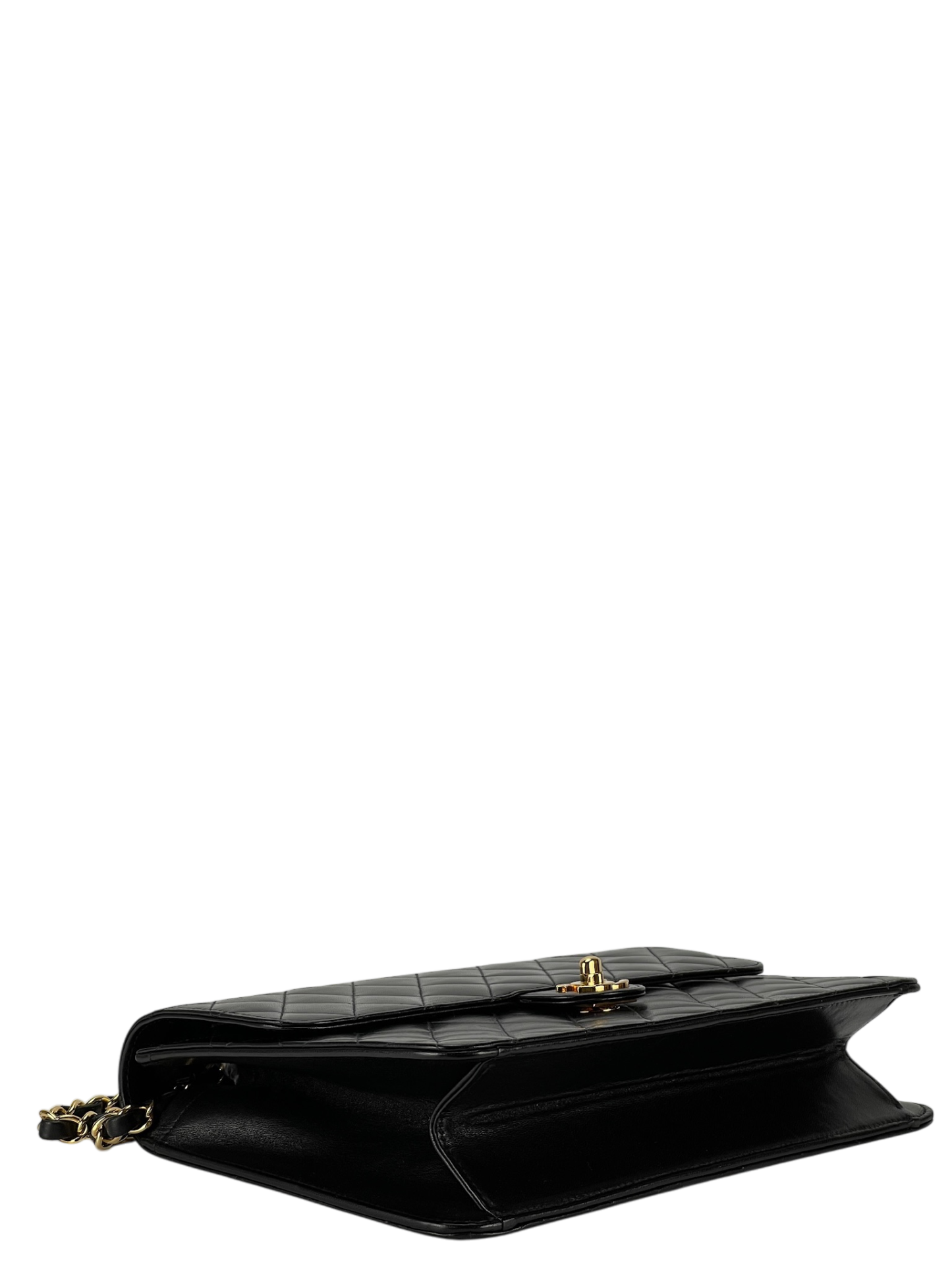 CHANEL - Matelasse Push Lock Chain Shoulder Bag Black Lambskin Gold Hardware