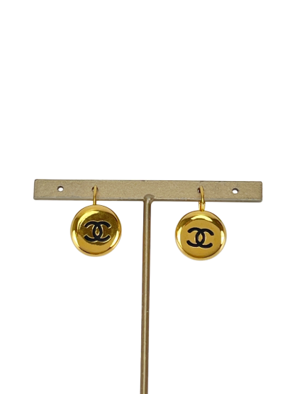 CHANEL - 97A Gold Black Coco Mark Vintage Earrings Accessories