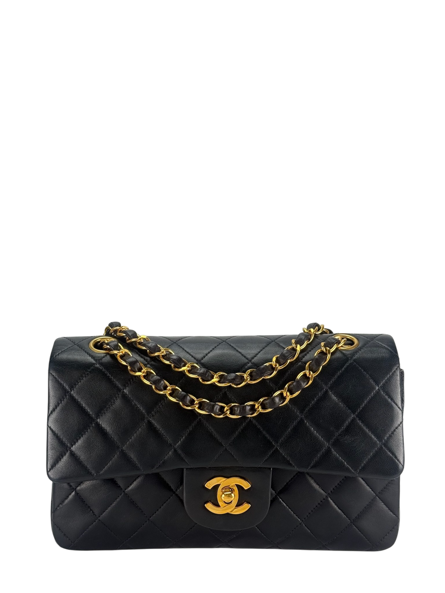 CHANEL - Small Classic Double Flap Bag Black Lambskin Gold Hardware (CF23)