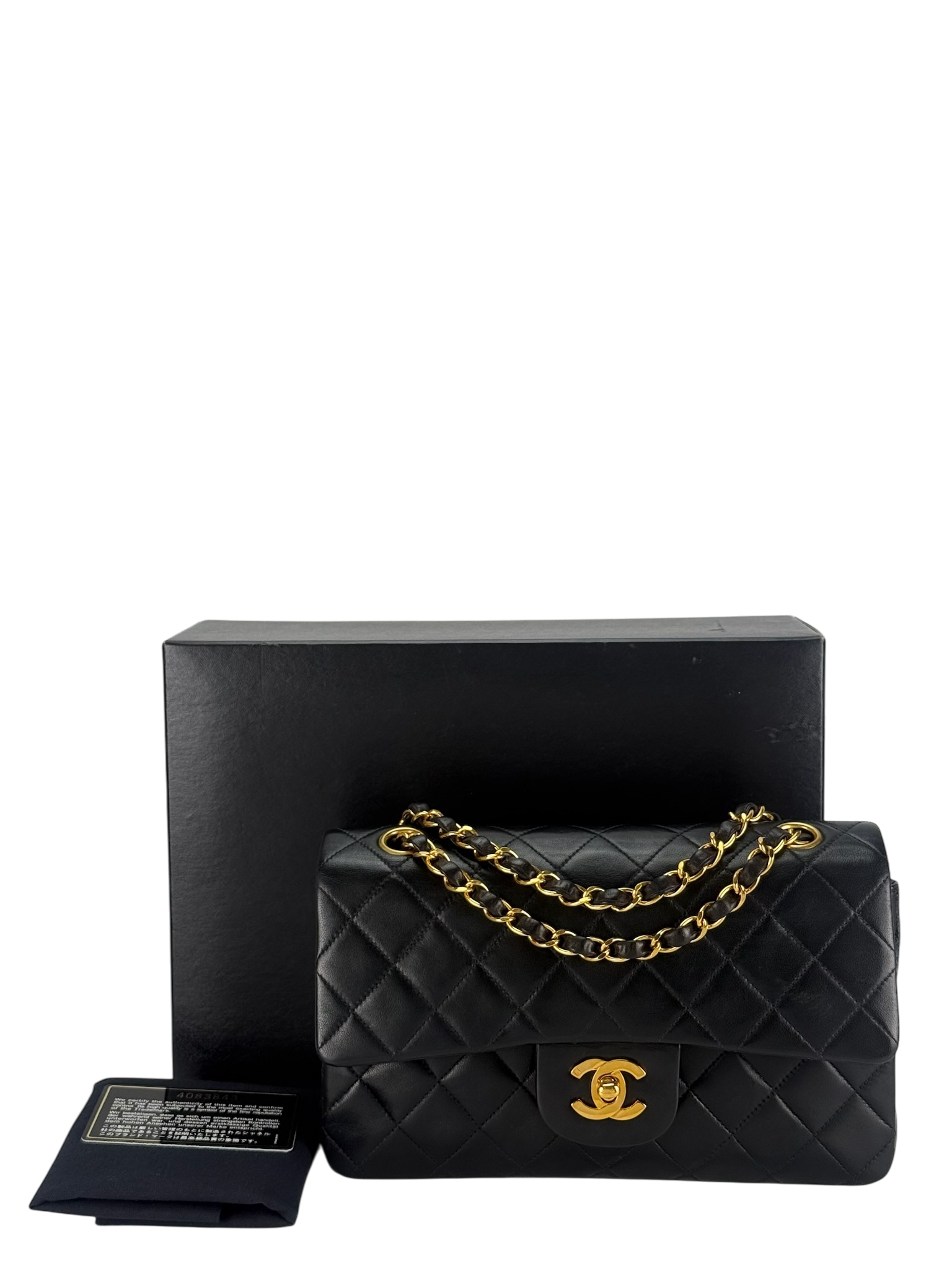 CHANEL - Small Classic Double Flap Bag Black Lambskin Gold Hardware (CF23)