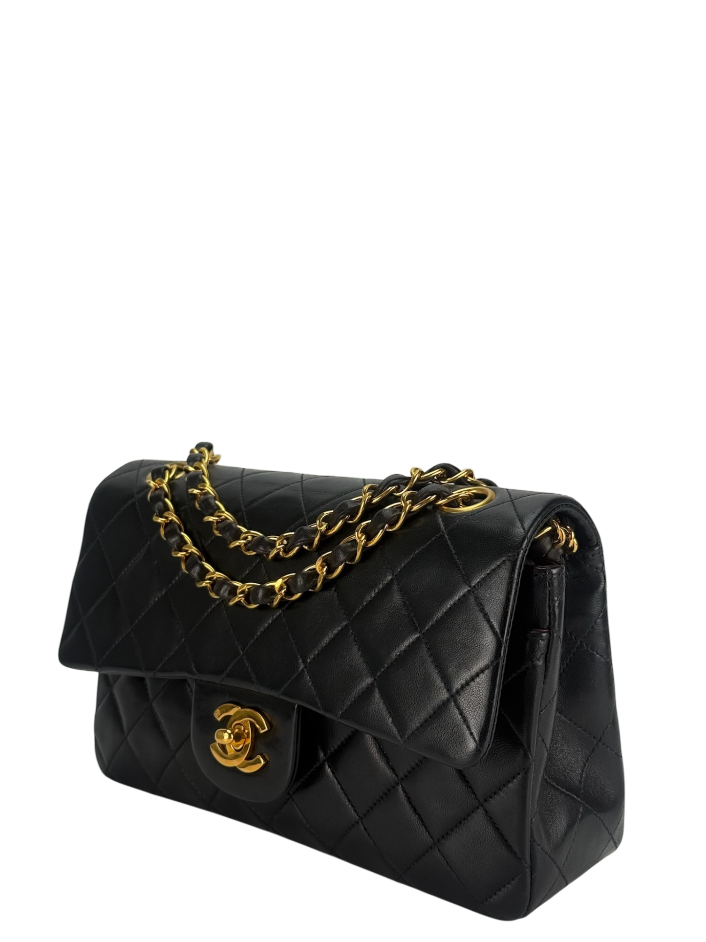 CHANEL - Small Classic Double Flap Bag Black Lambskin Gold Hardware (CF23)