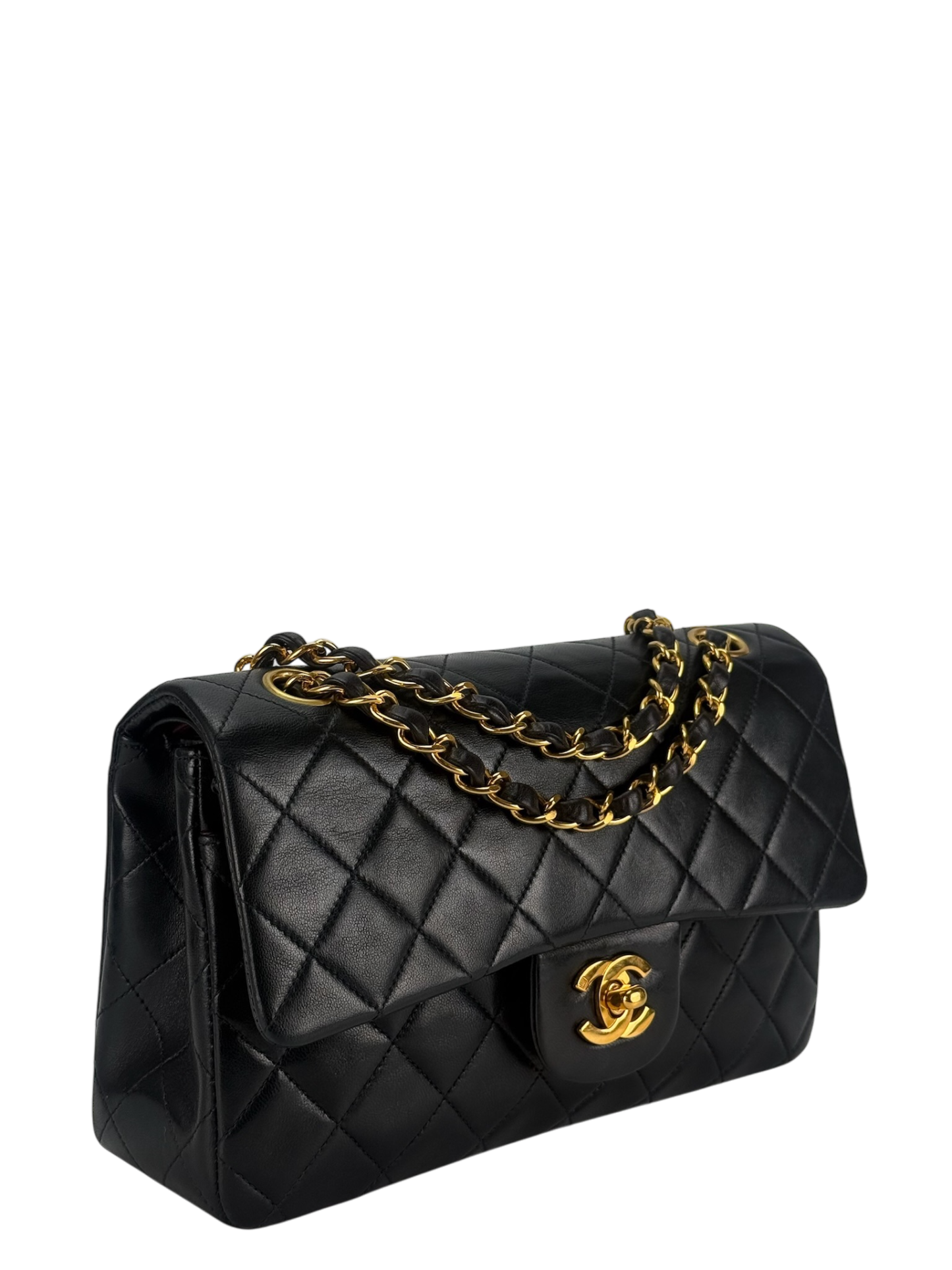 CHANEL - Small Classic Double Flap Bag Black Lambskin Gold Hardware (CF23)