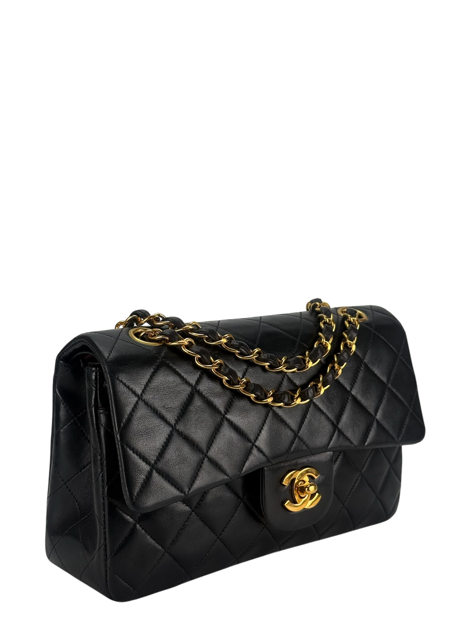 CHANEL - Small Classic Double Flap Bag Black Lambskin Gold Hardware (CF23)