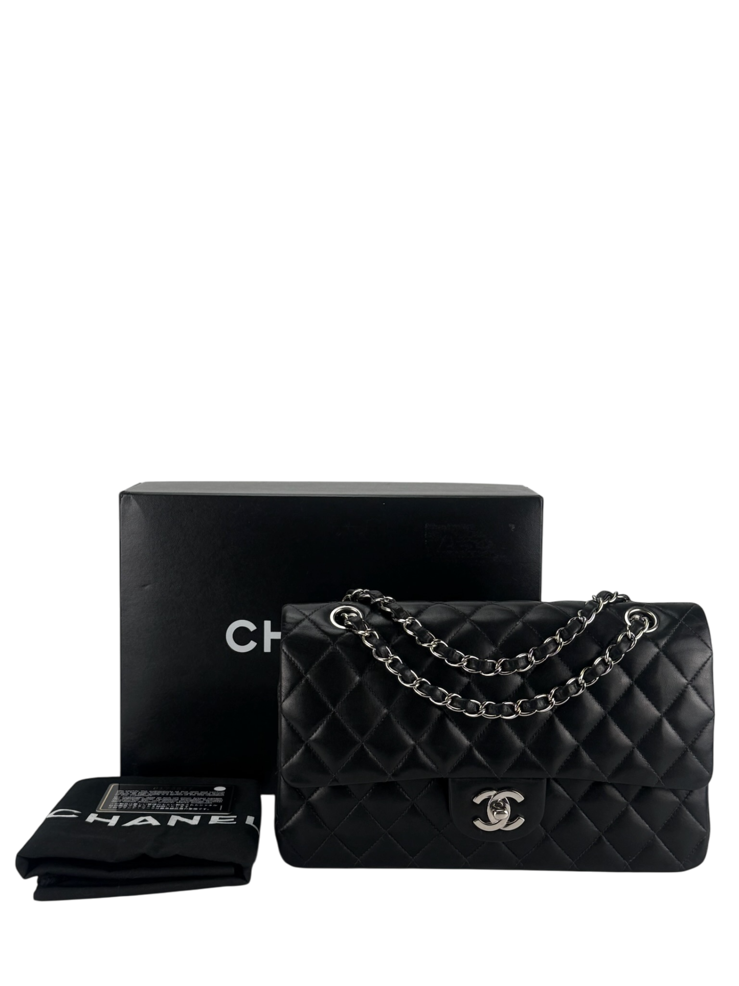 CHANEL - Medium Classic Double Flap Bag Black Lambskin Sliver Hardware (CF25)