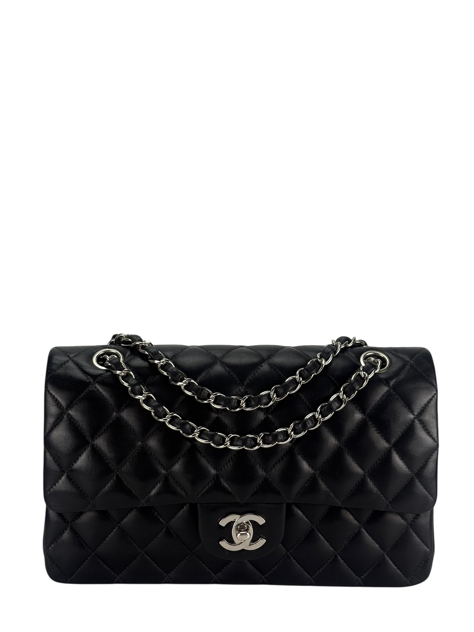 CHANEL - Medium Classic Double Flap Bag Black Lambskin Sliver Hardware (CF25)