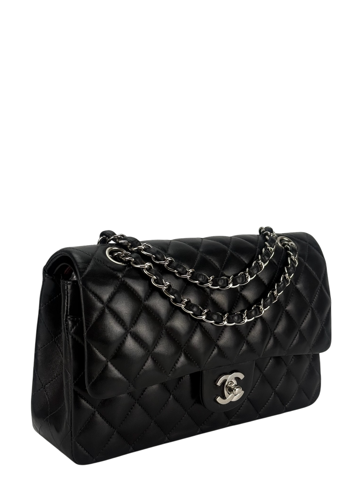 CHANEL - Medium Classic Double Flap Bag Black Lambskin Sliver Hardware (CF25)