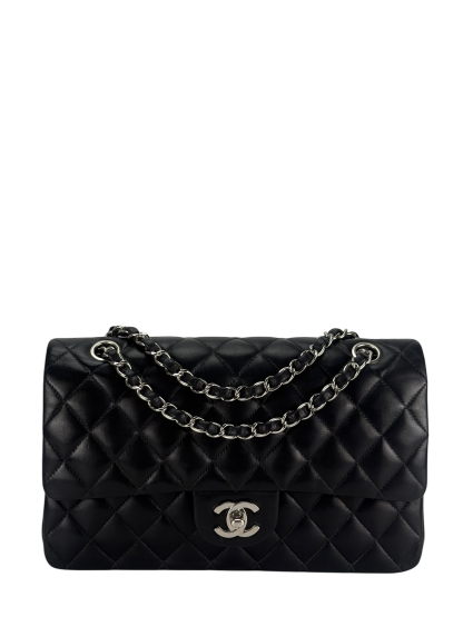 CHANEL - Medium Classic Double Flap Bag Black Lambskin Sliver Hardware (CF25)
