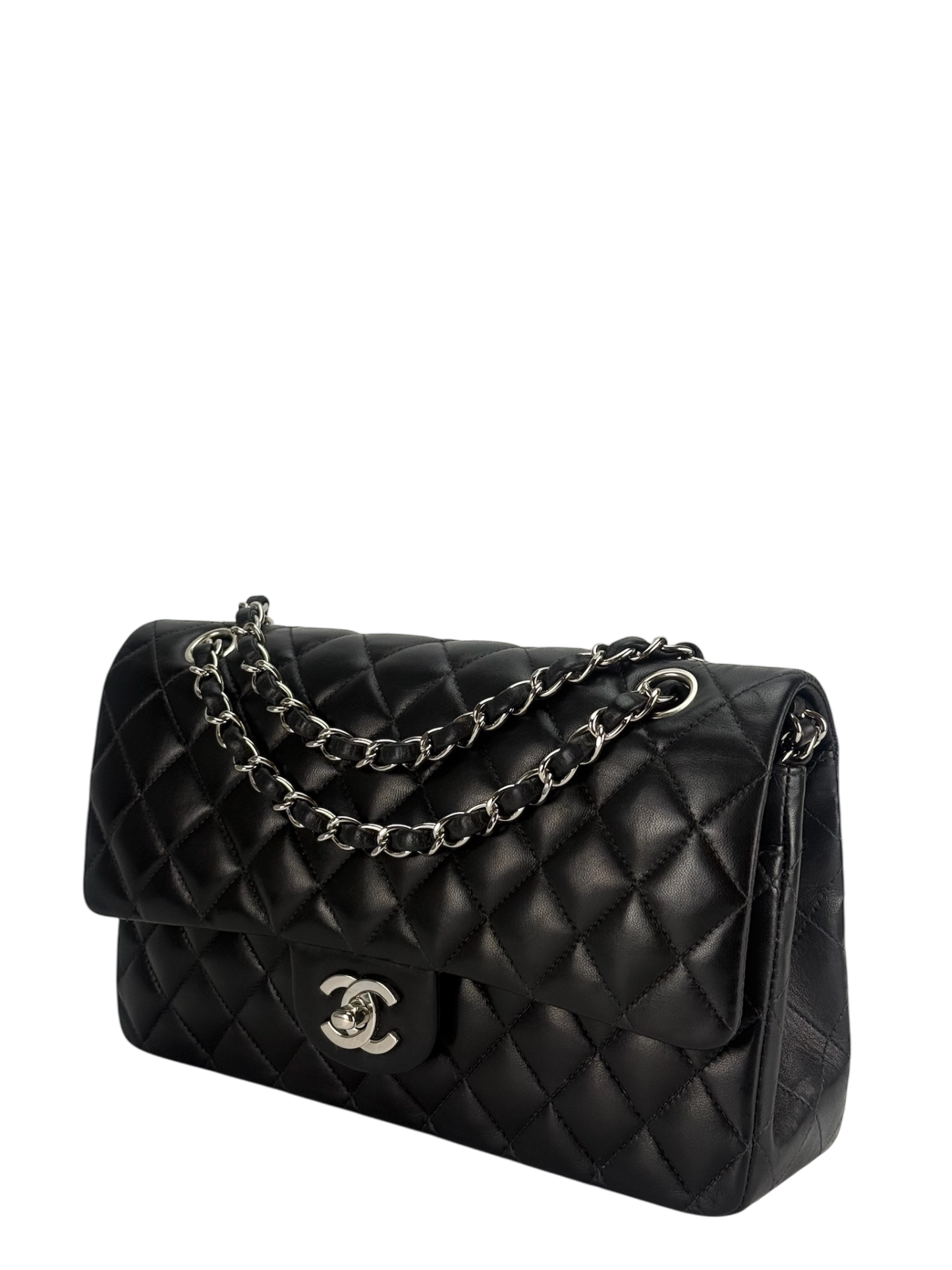 CHANEL - Medium Classic Double Flap Bag Black Lambskin Sliver Hardware (CF25)