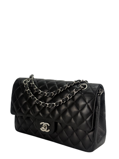 CHANEL - Medium Classic Double Flap Bag Black Lambskin Sliver Hardware (CF25)