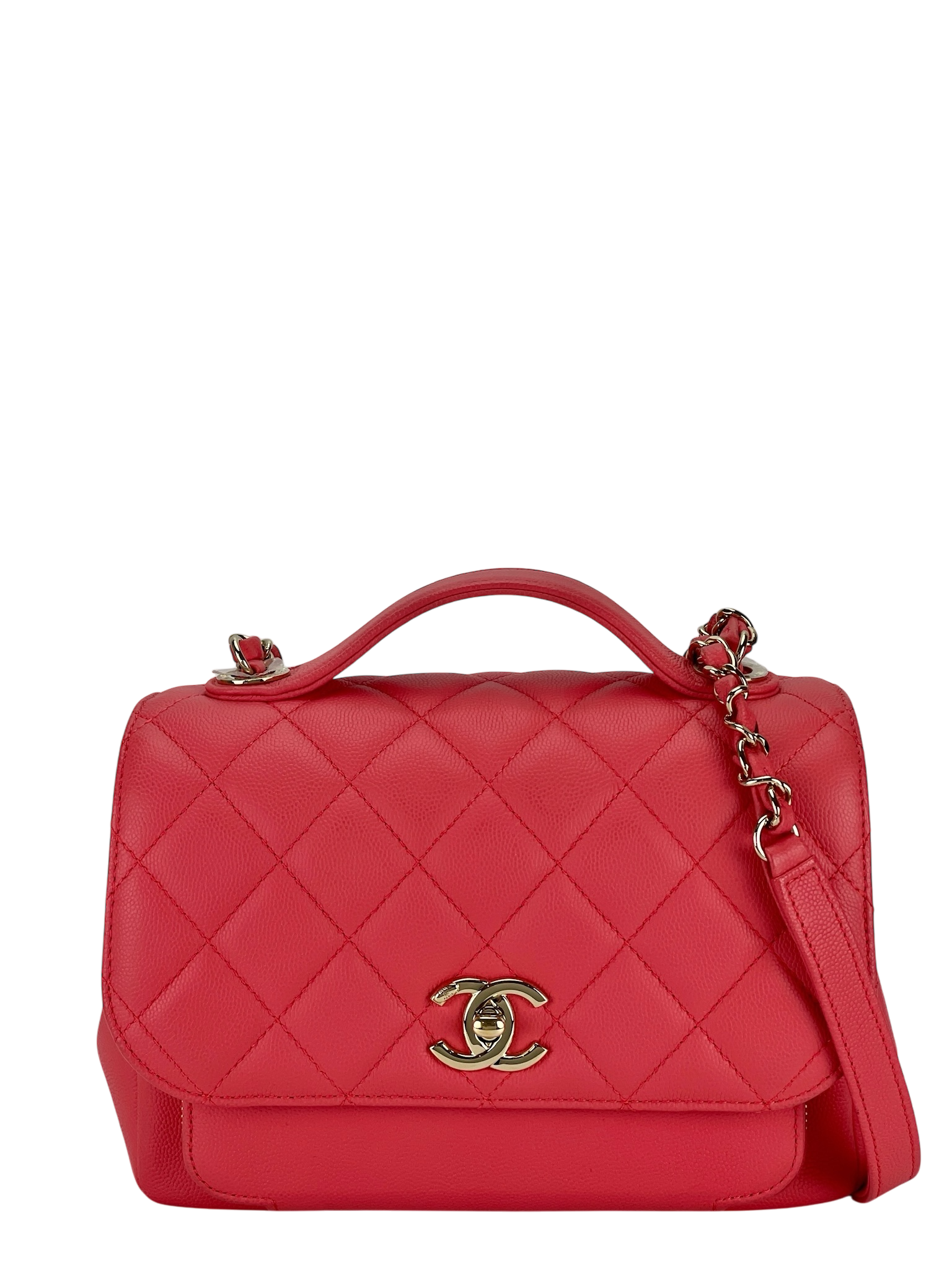 CHANEL - Red Caviar Top Handle Quilted CC Box Flap Bag Gold Hardware 