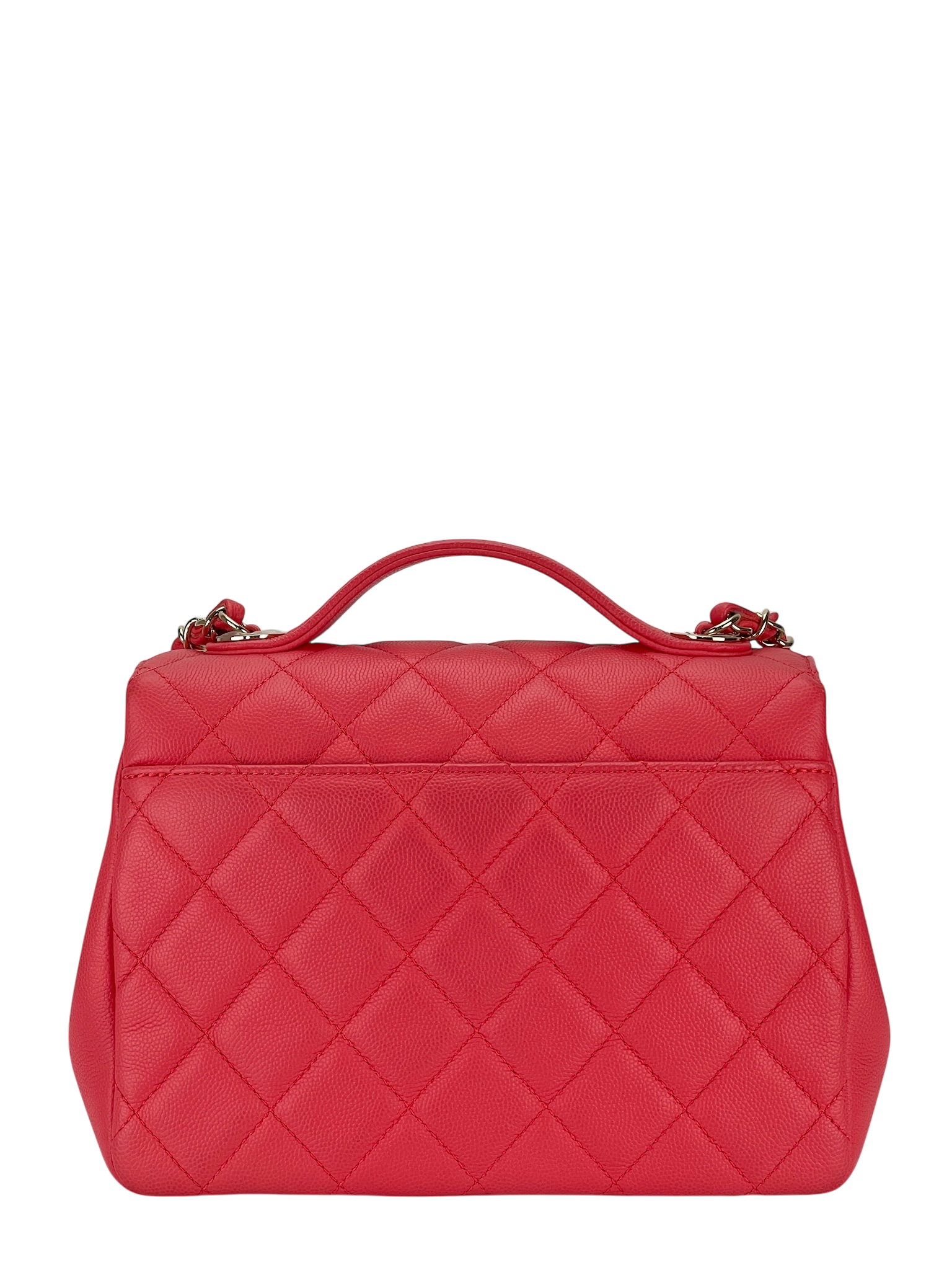 CHANEL - Red Caviar Top Handle Quilted CC Box Flap Bag Gold Hardware 