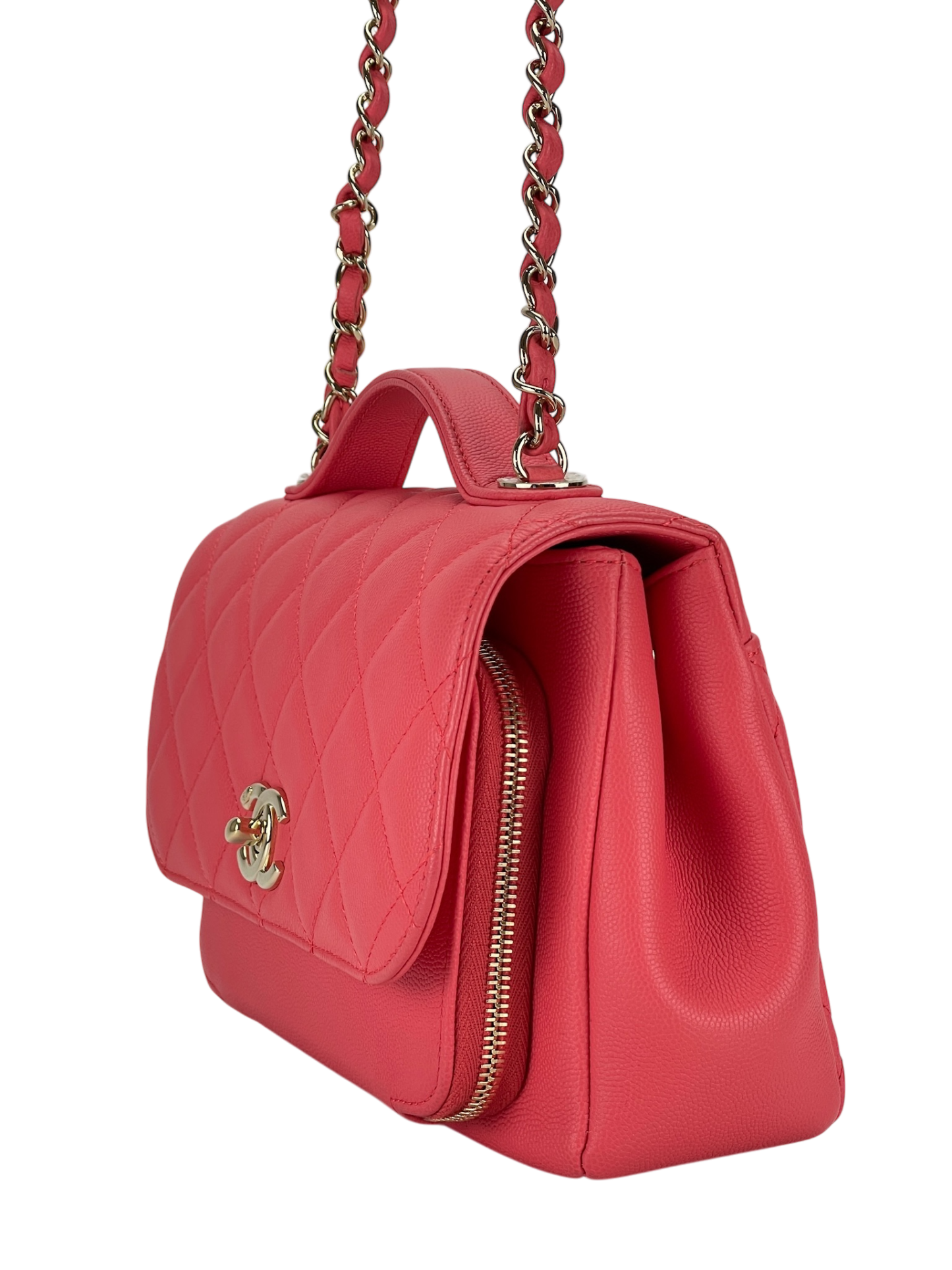 CHANEL - Red Caviar Top Handle Quilted CC Box Flap Bag Gold Hardware