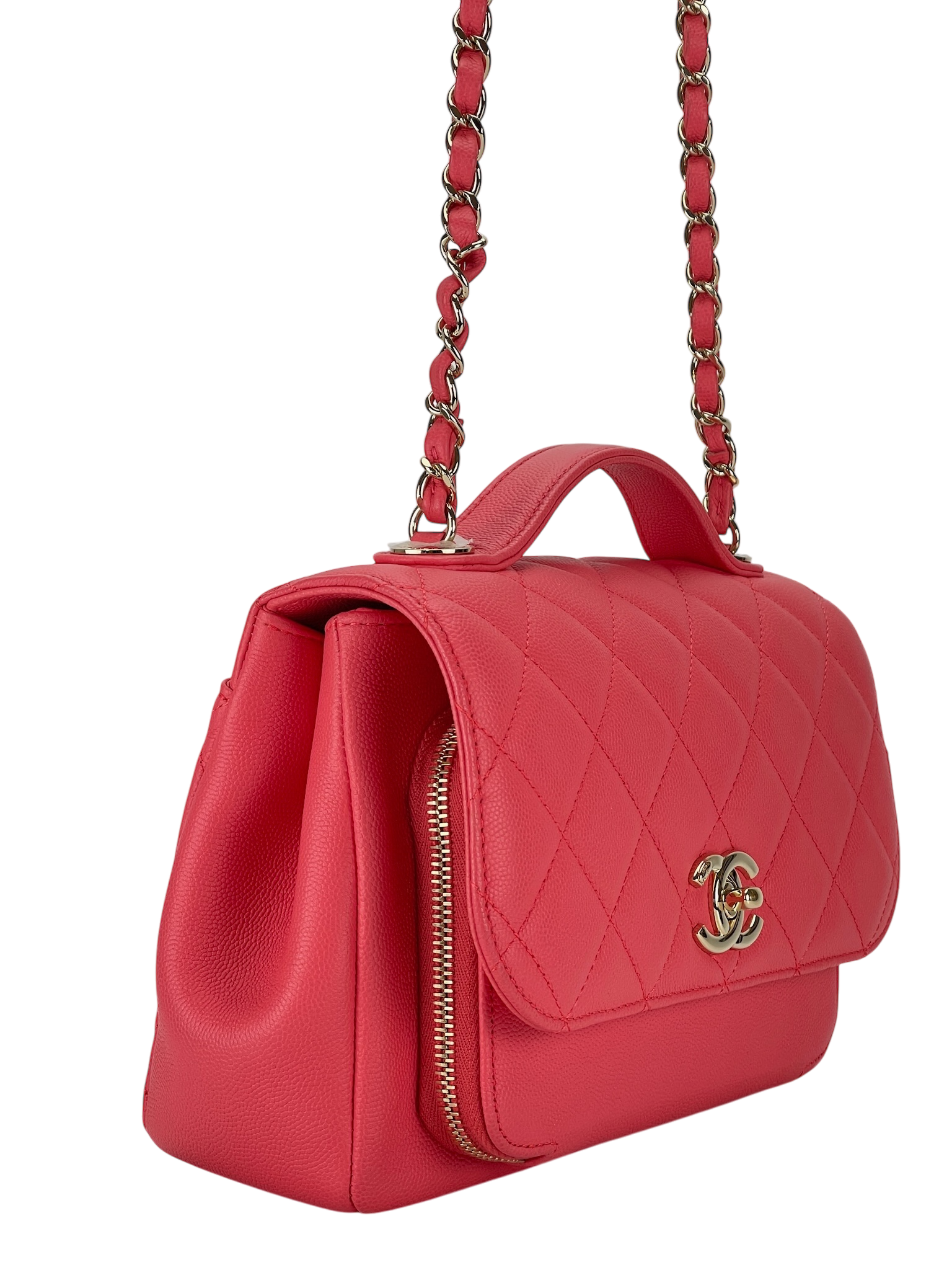 CHANEL - Red Caviar Top Handle Quilted CC Box Flap Bag Gold Hardware