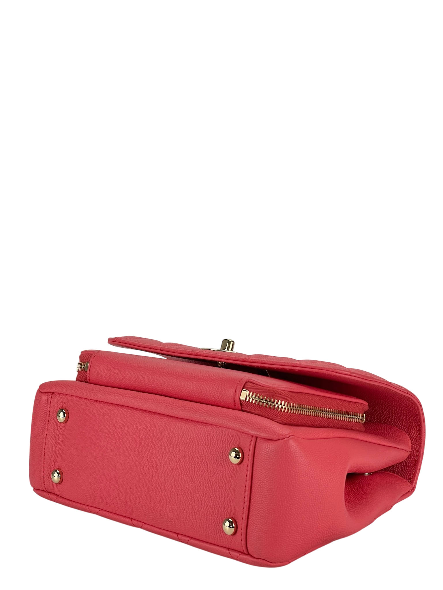 CHANEL - Red Caviar Top Handle Quilted CC Box Flap Bag Gold Hardware