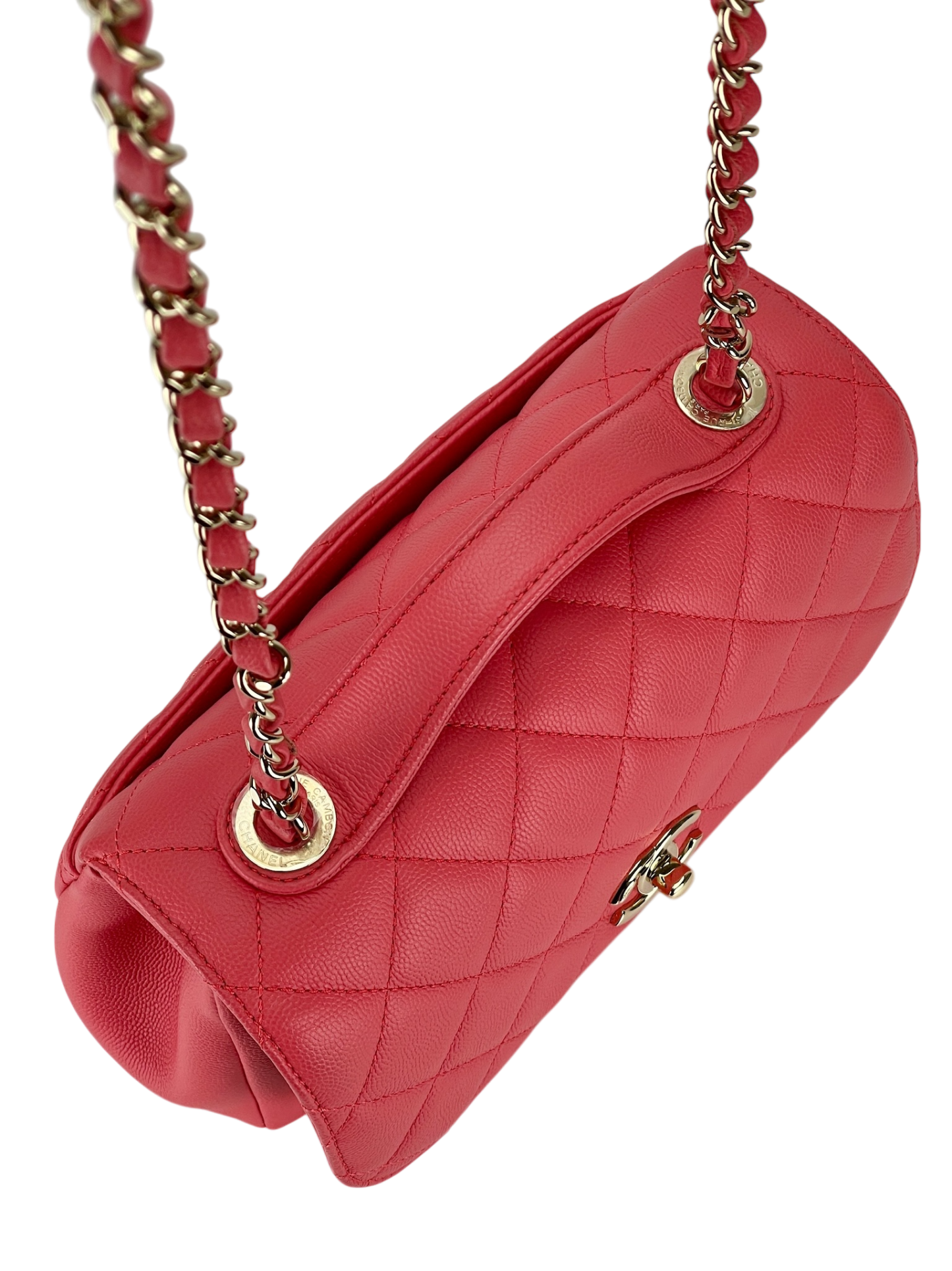 CHANEL - Red Caviar Top Handle Quilted CC Box Flap Bag Gold Hardware
