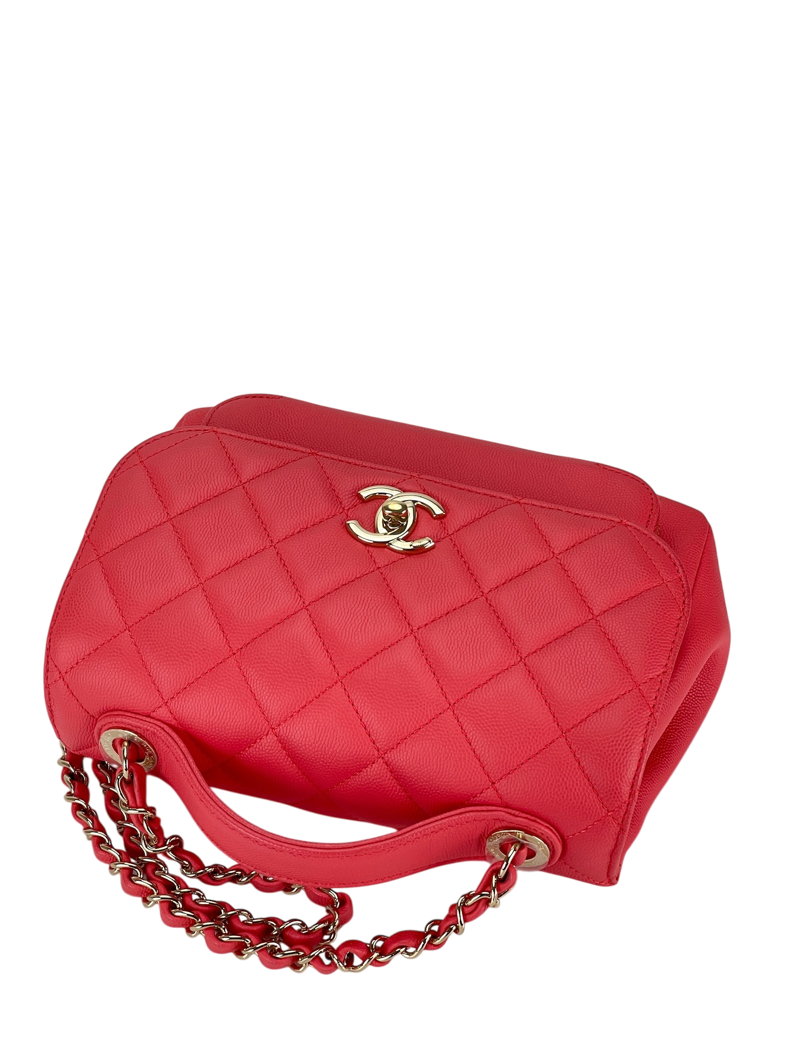 CHANEL - Red Caviar Top Handle Quilted CC Box Flap Bag Gold Hardware