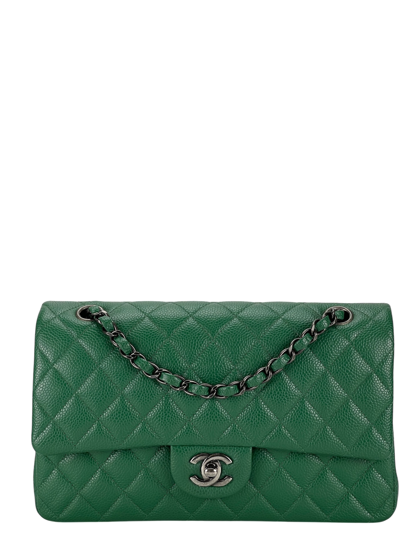 CHANEL - Medium Classic Double Flap Bag Green Caviar Sliver Hardware (CF25) 