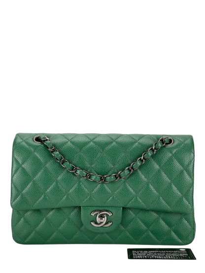 CHANEL - Medium Classic Double Flap Bag Green Caviar Sliver Hardware (CF25) 