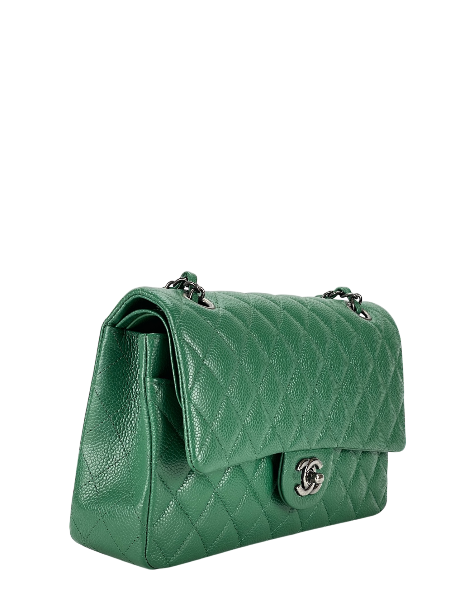 CHANEL - Medium Classic Double Flap Bag Green Caviar Sliver Hardware (CF25) 