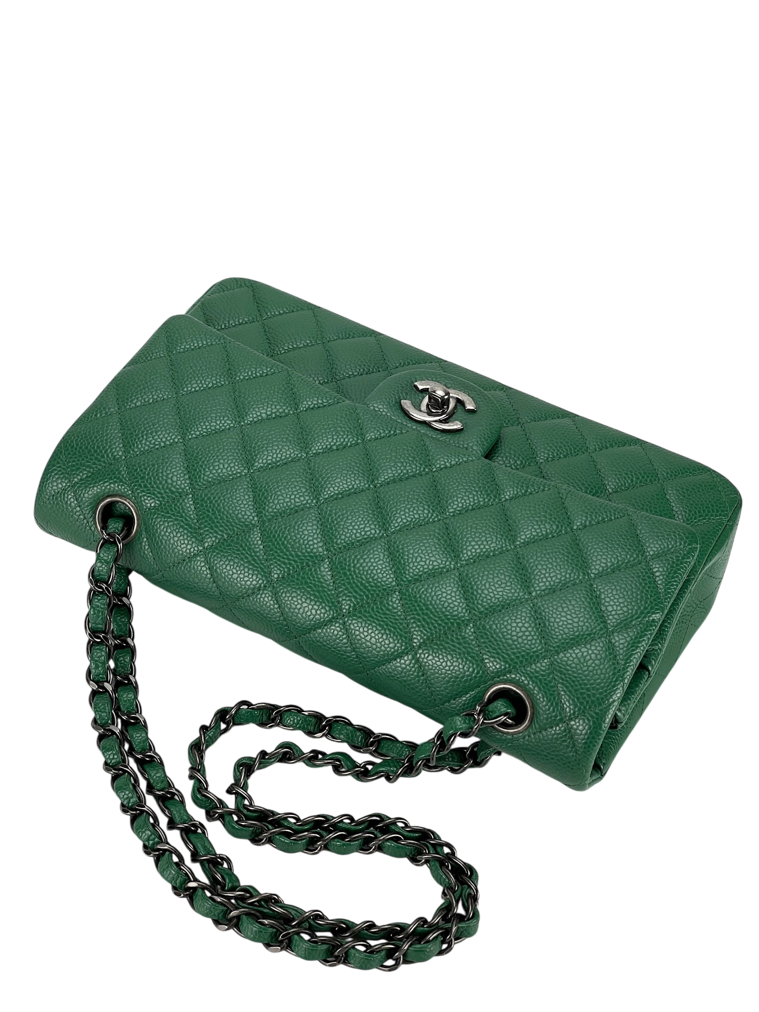 CHANEL - Medium Classic Double Flap Bag Green Caviar Sliver Hardware (CF25) 