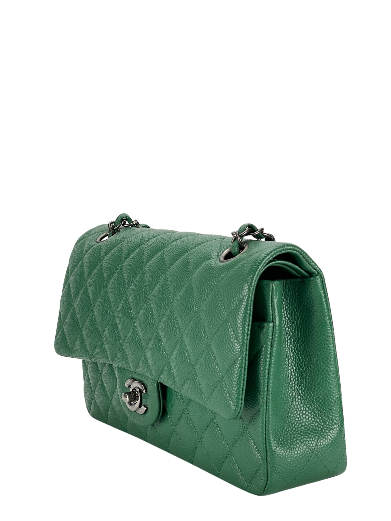 CHANEL - Medium Classic Double Flap Bag Green Caviar Sliver Hardware (CF25) 