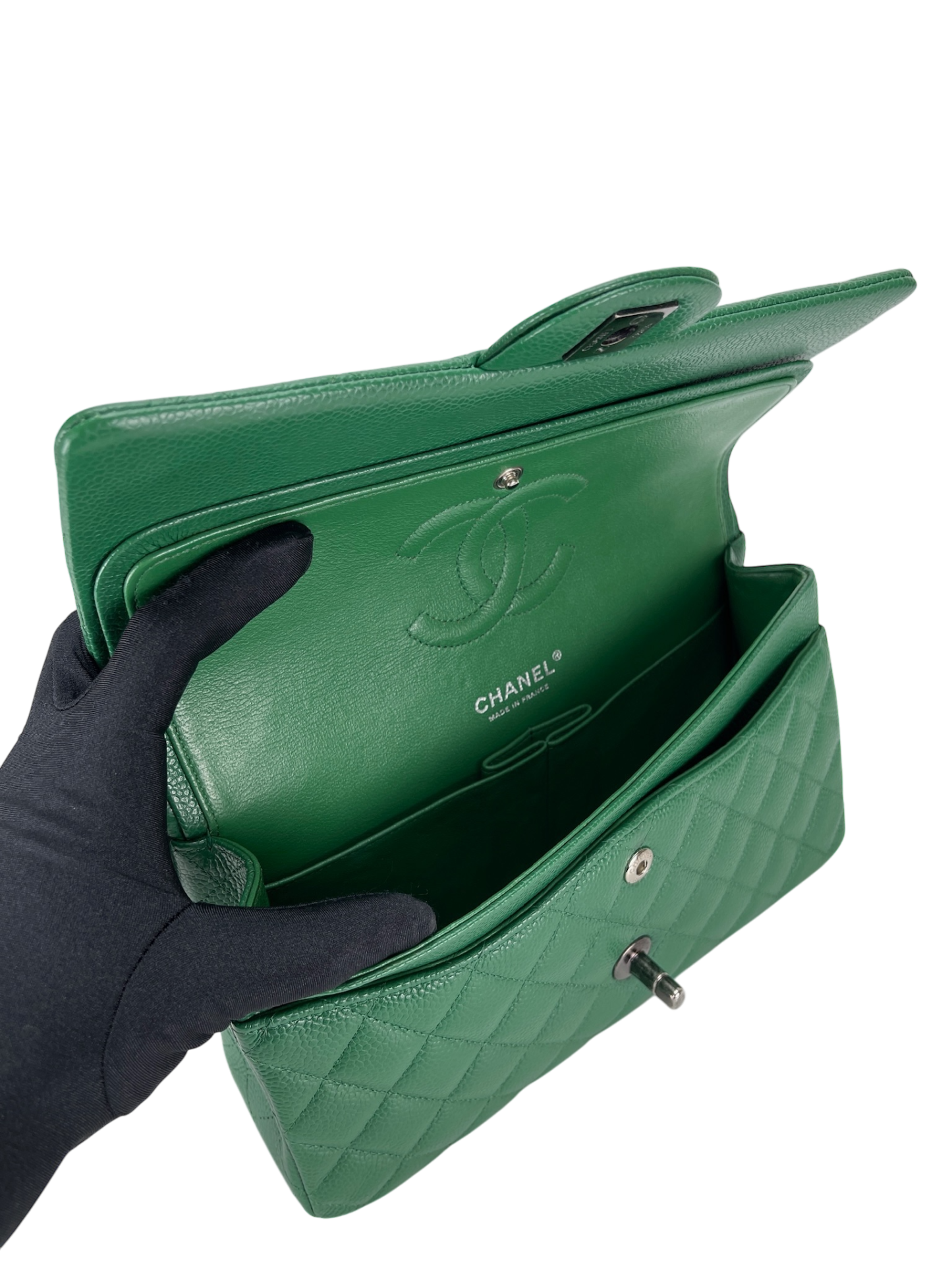 CHANEL - Medium Classic Double Flap Bag Green Caviar Sliver Hardware (CF25) 