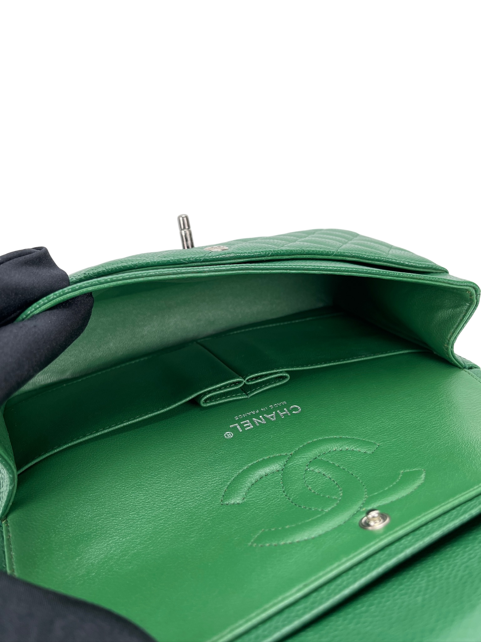 CHANEL - Medium Classic Double Flap Bag Green Caviar Sliver Hardware (CF25) 