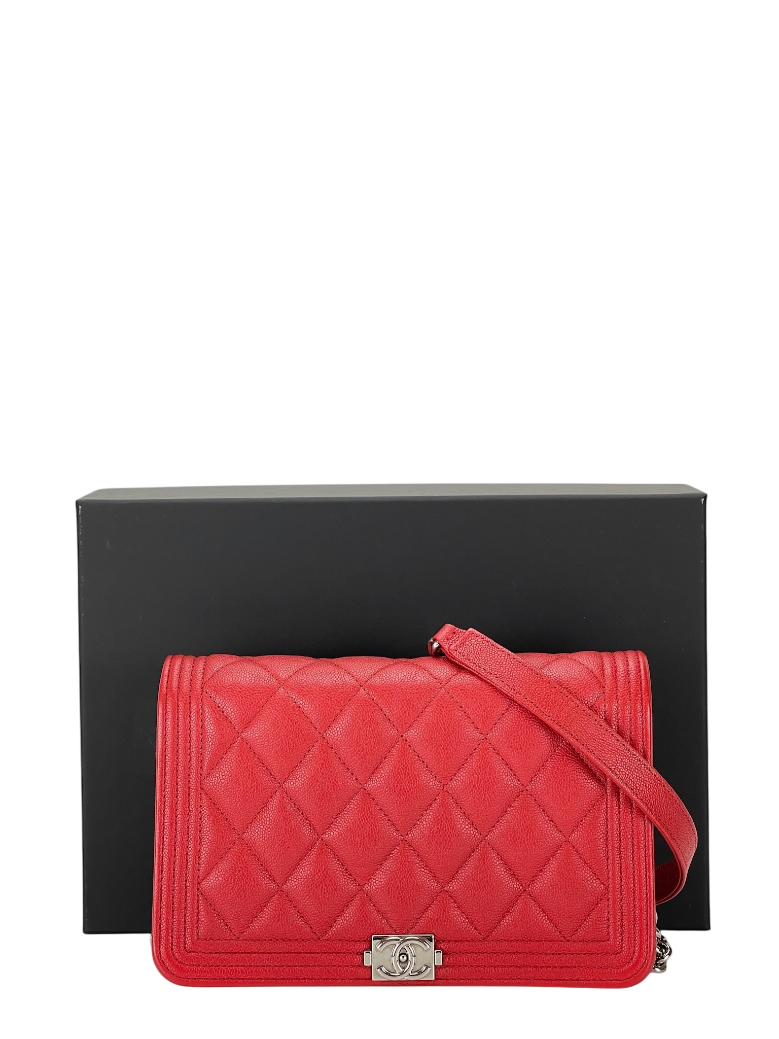CHANEL - Red Caviar Boy Wallet On Chain Bag Sliver Hardware (WOC)