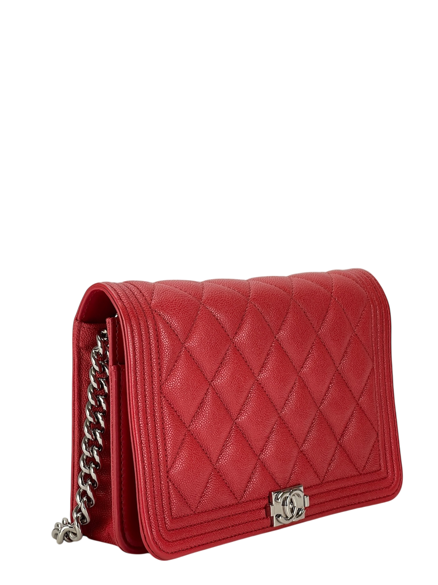 CHANEL - Red Caviar Boy Wallet On Chain Bag Sliver Hardware (WOC)