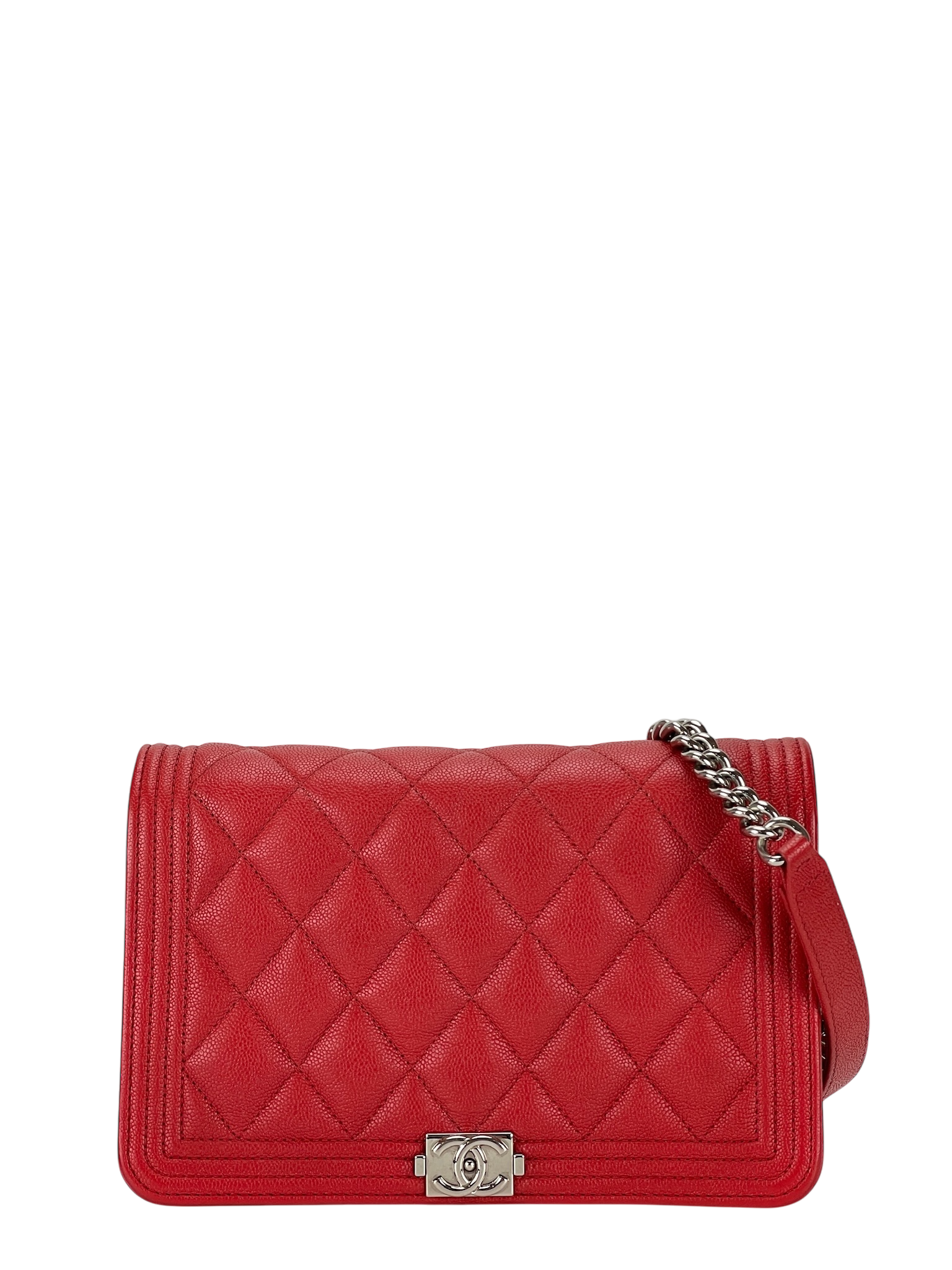 CHANEL - Red Caviar Boy Wallet On Chain Bag Sliver Hardware (WOC)