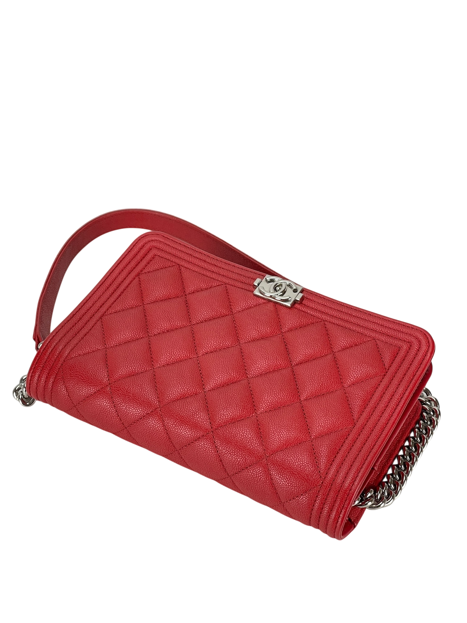 CHANEL - Red Caviar Boy Wallet On Chain Bag Sliver Hardware (WOC)