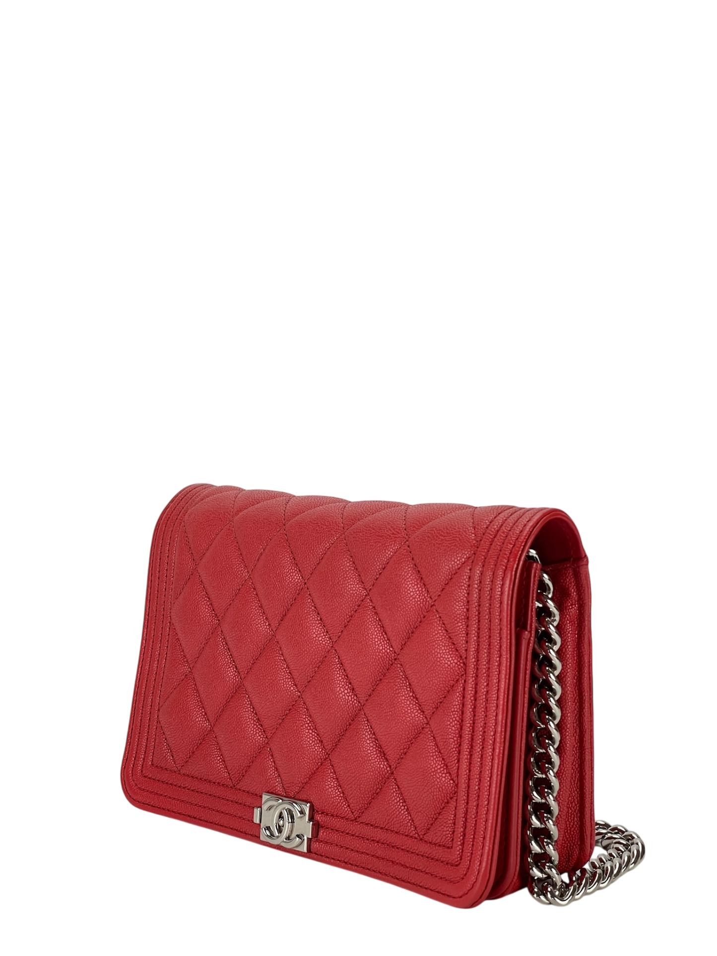 CHANEL - Red Caviar Boy Wallet On Chain Bag Sliver Hardware (WOC)